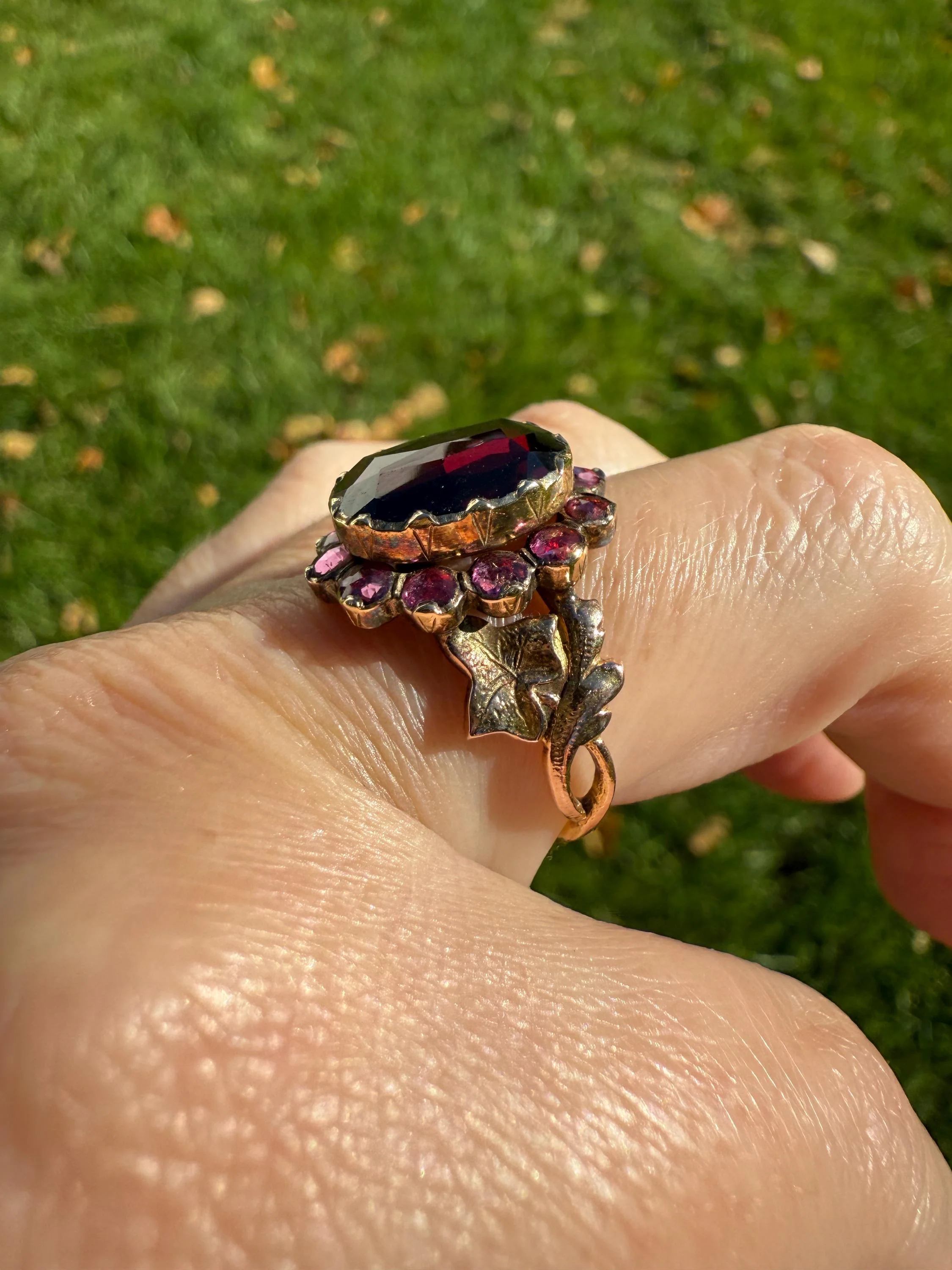 Antique Perpignan GARNET Oval Almandine Cluster Ring French VICTORIAN Era 18k Gold Vine Leaf - Image 2
