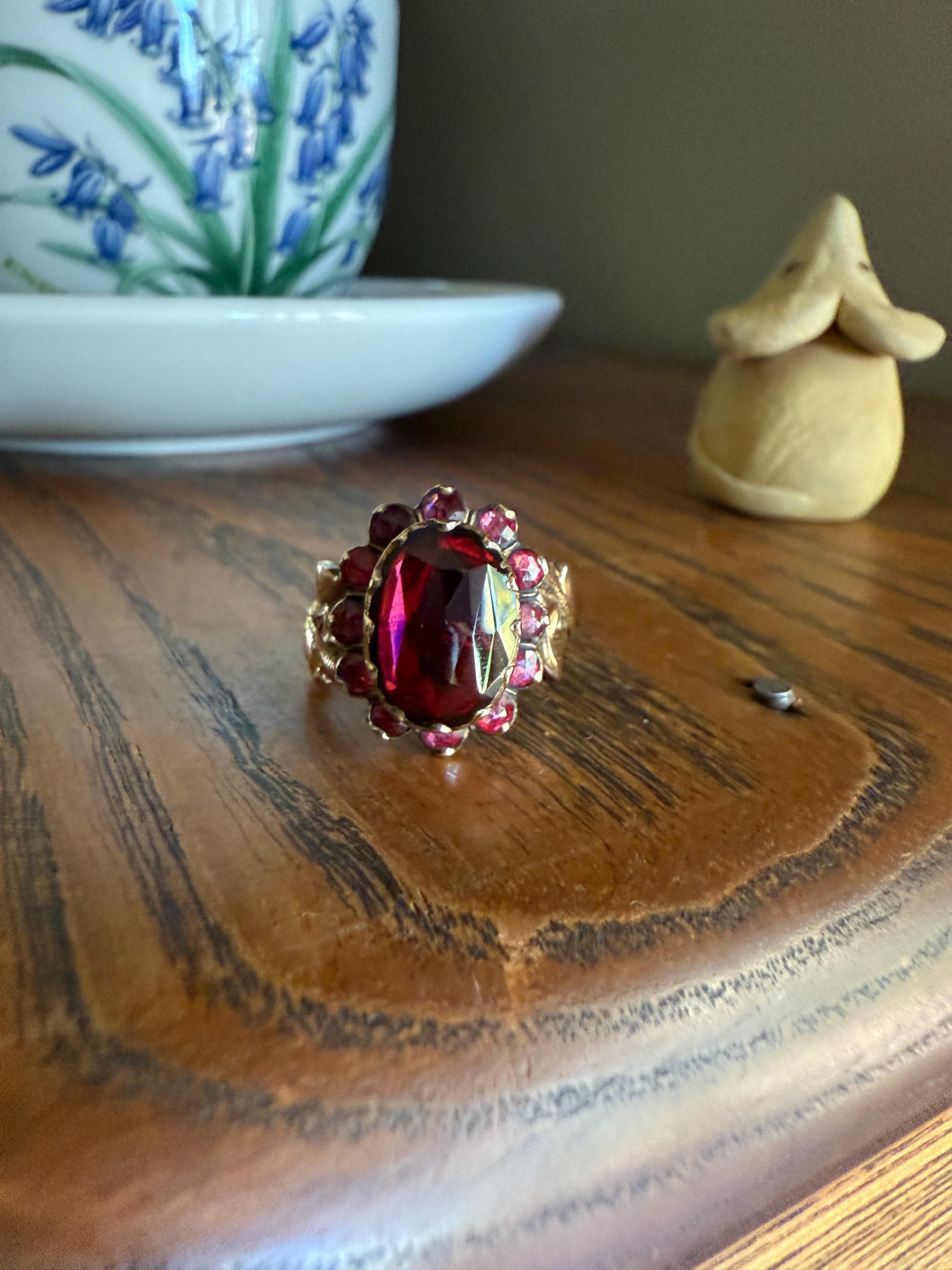 Antique Perpignan GARNET Oval Almandine Cluster Ring French VICTORIAN Era 18k Gold Vine Leaf - Image 7