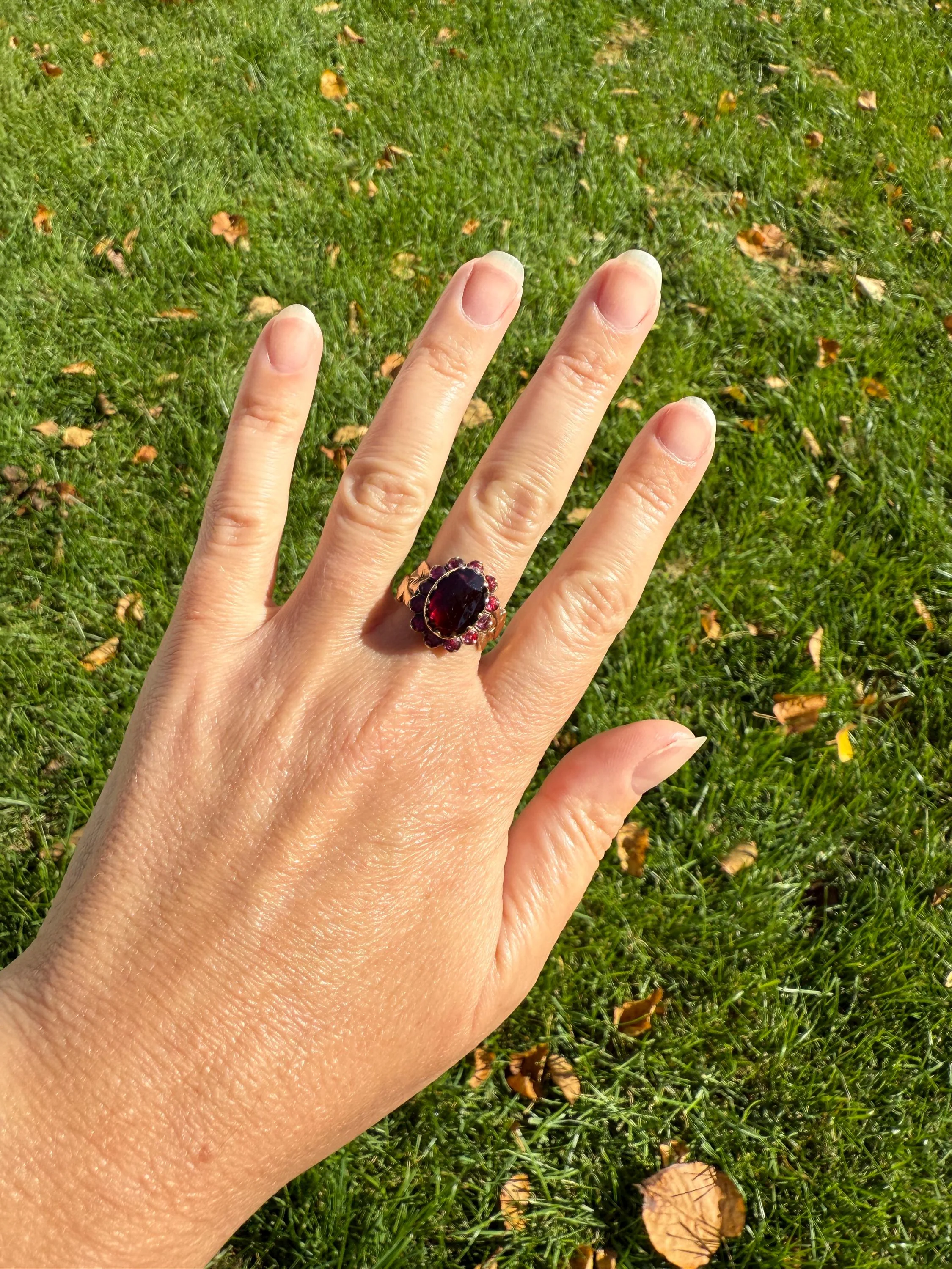 Antique Perpignan GARNET Oval Almandine Cluster Ring French VICTORIAN Era 18k Gold Vine Leaf - Image 8