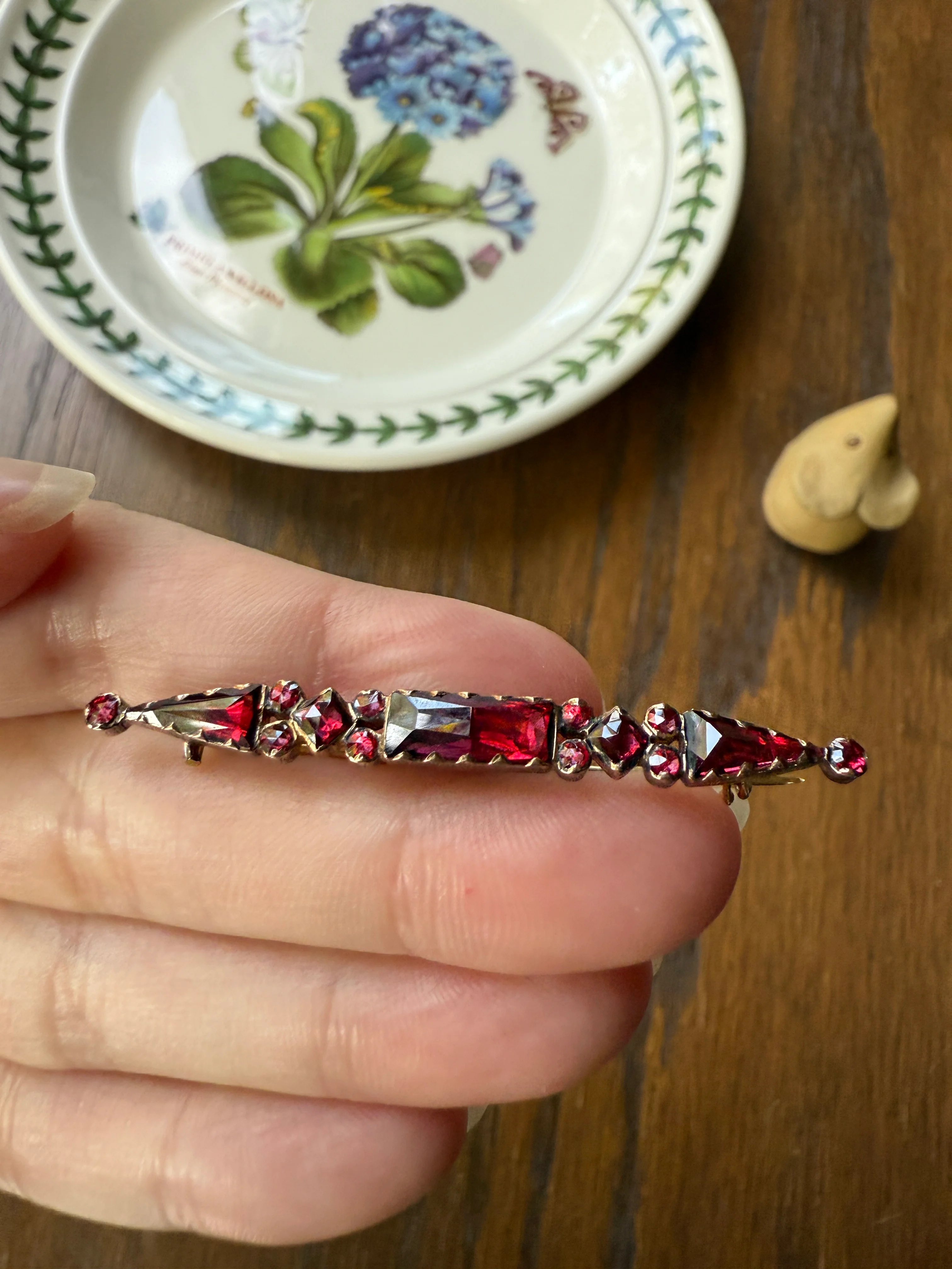 PERPIGNAN Garnet Purple Pink Bar Line Brooch for Pendant Conversion French Antique Victorian 18k Gold Extender Connector Triangle Cut - Image 17