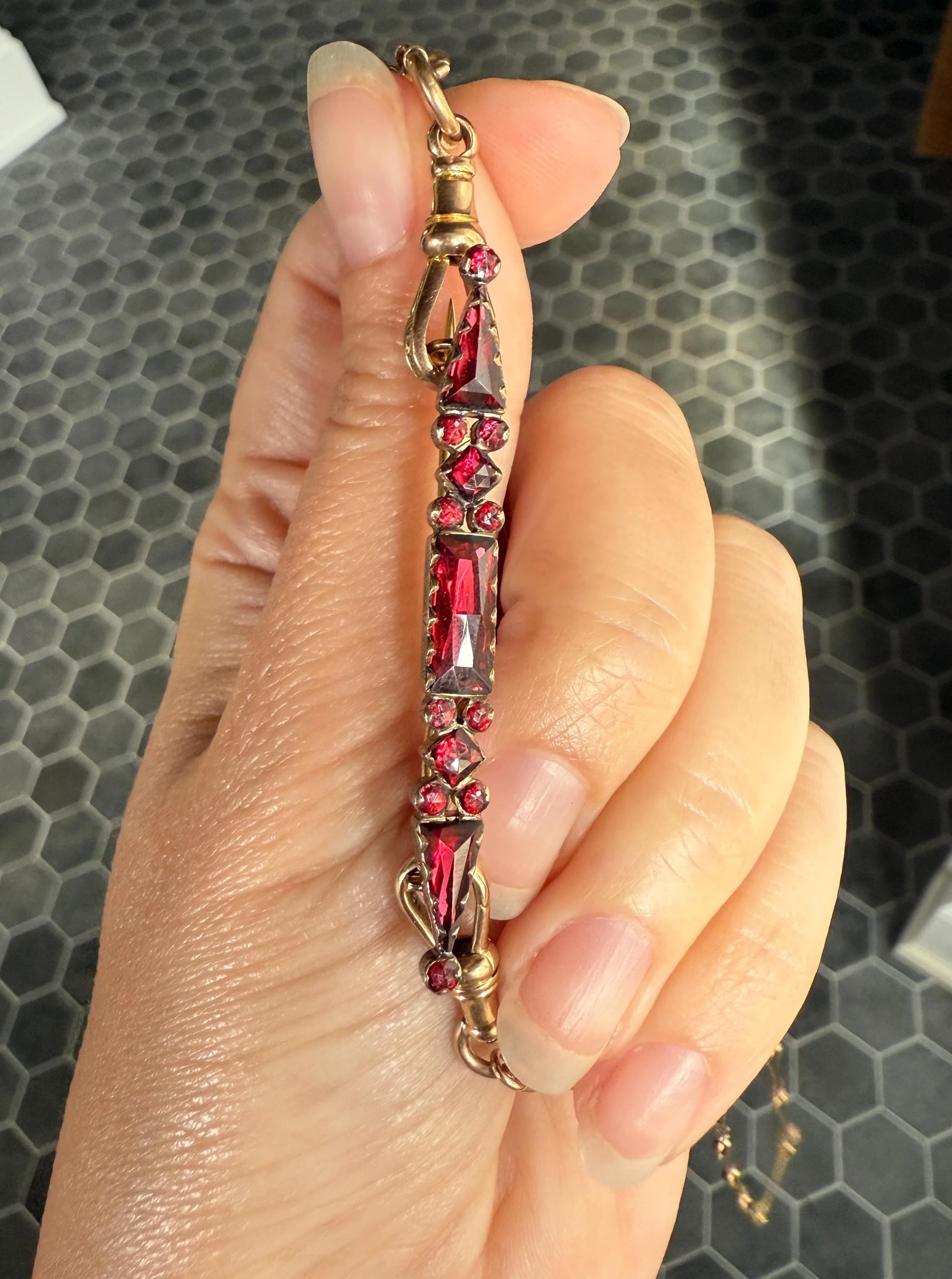 PERPIGNAN Garnet Purple Pink Bar Line Brooch for Pendant Conversion French Antique Victorian 18k Gold Extender Connector Triangle Cut - Image 2