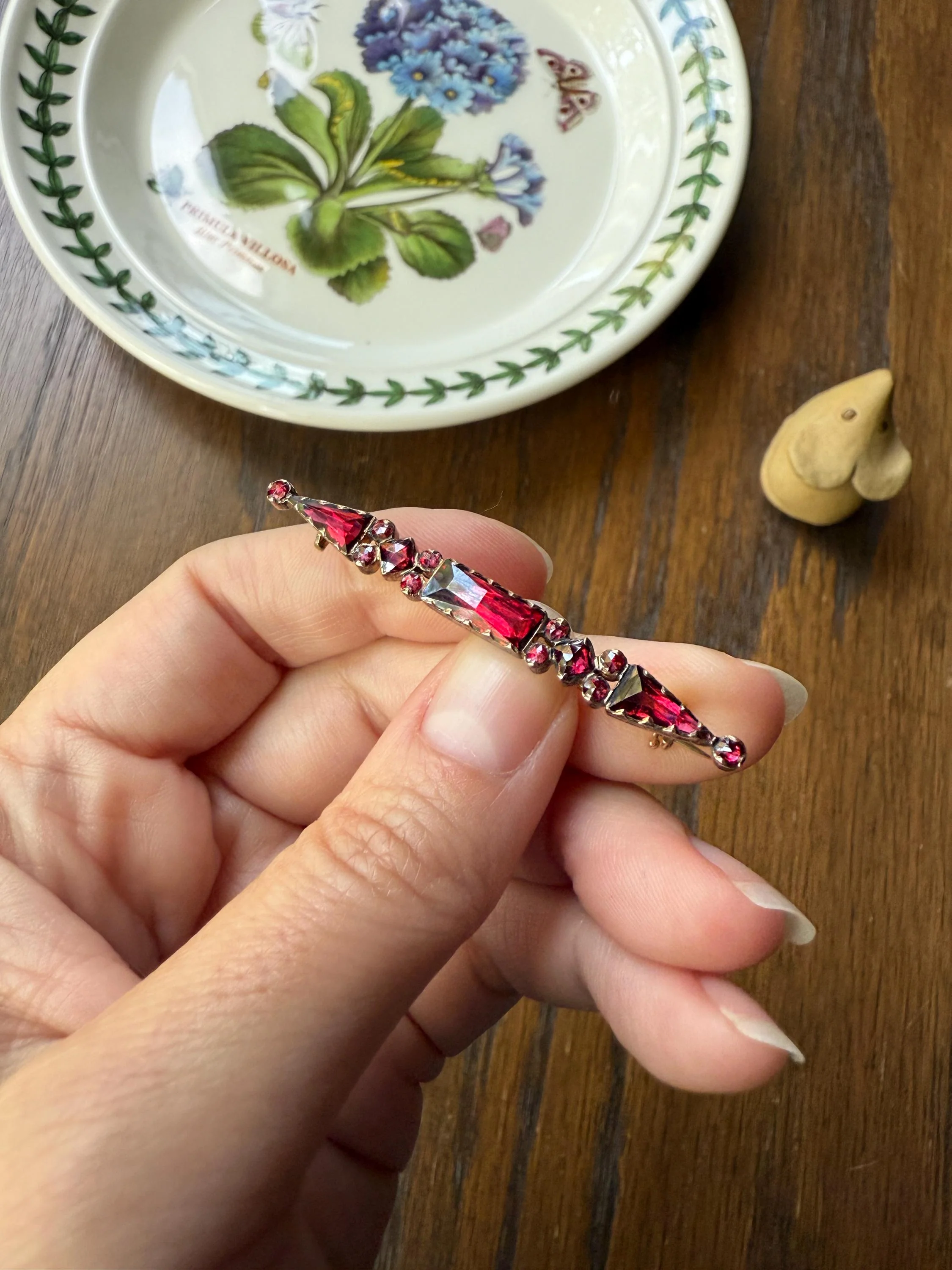 PERPIGNAN Garnet Purple Pink Bar Line Brooch for Pendant Conversion French Antique Victorian 18k Gold Extender Connector Triangle Cut - Image 4
