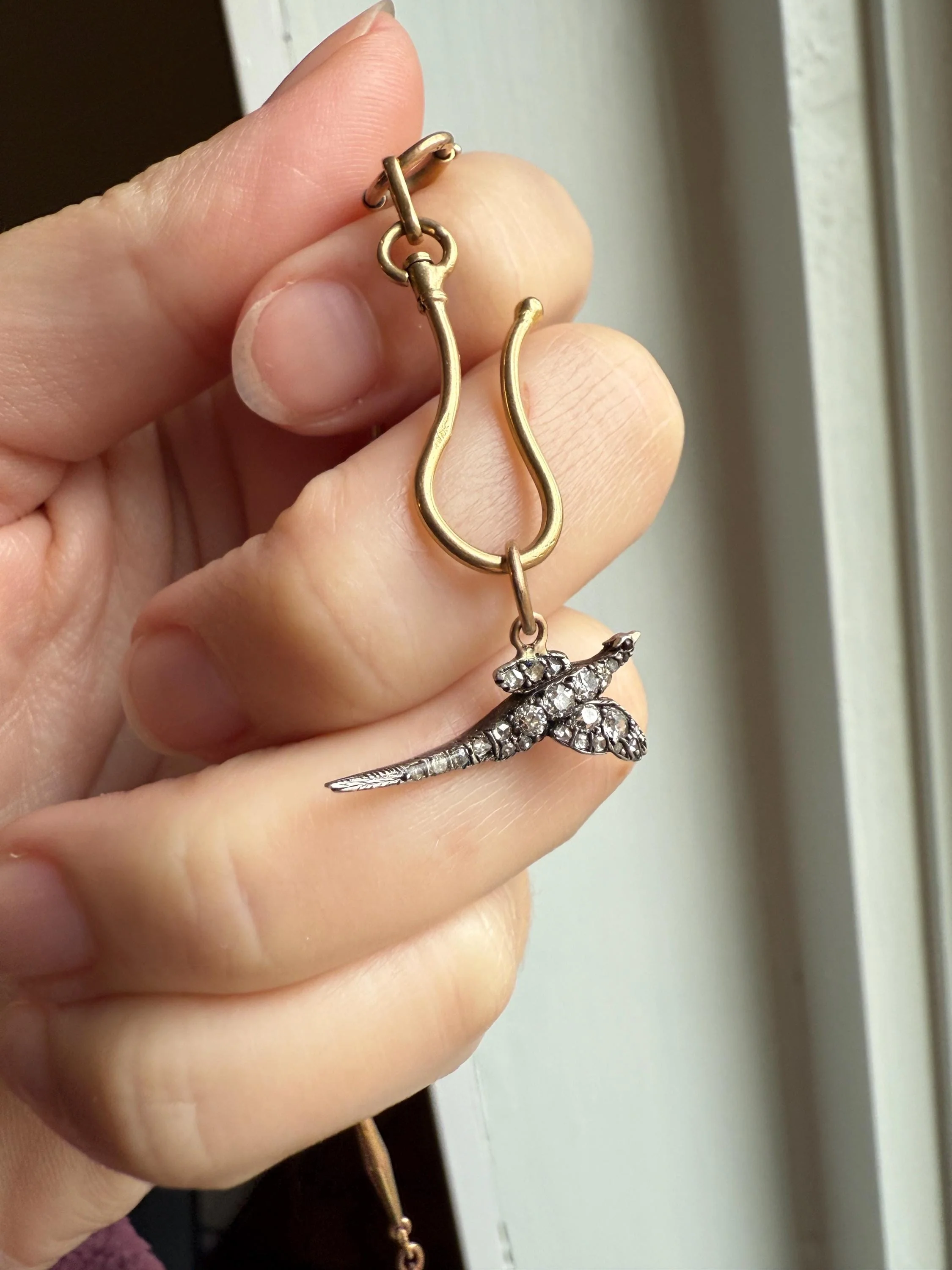 PHEASANT in Flight Antique Victorian 14k Gold Figural Pendant Old Mine Rose Cut Diamond Ruby Eye Necklace Bracelet Charm Animal Game Jewelry - Image 2