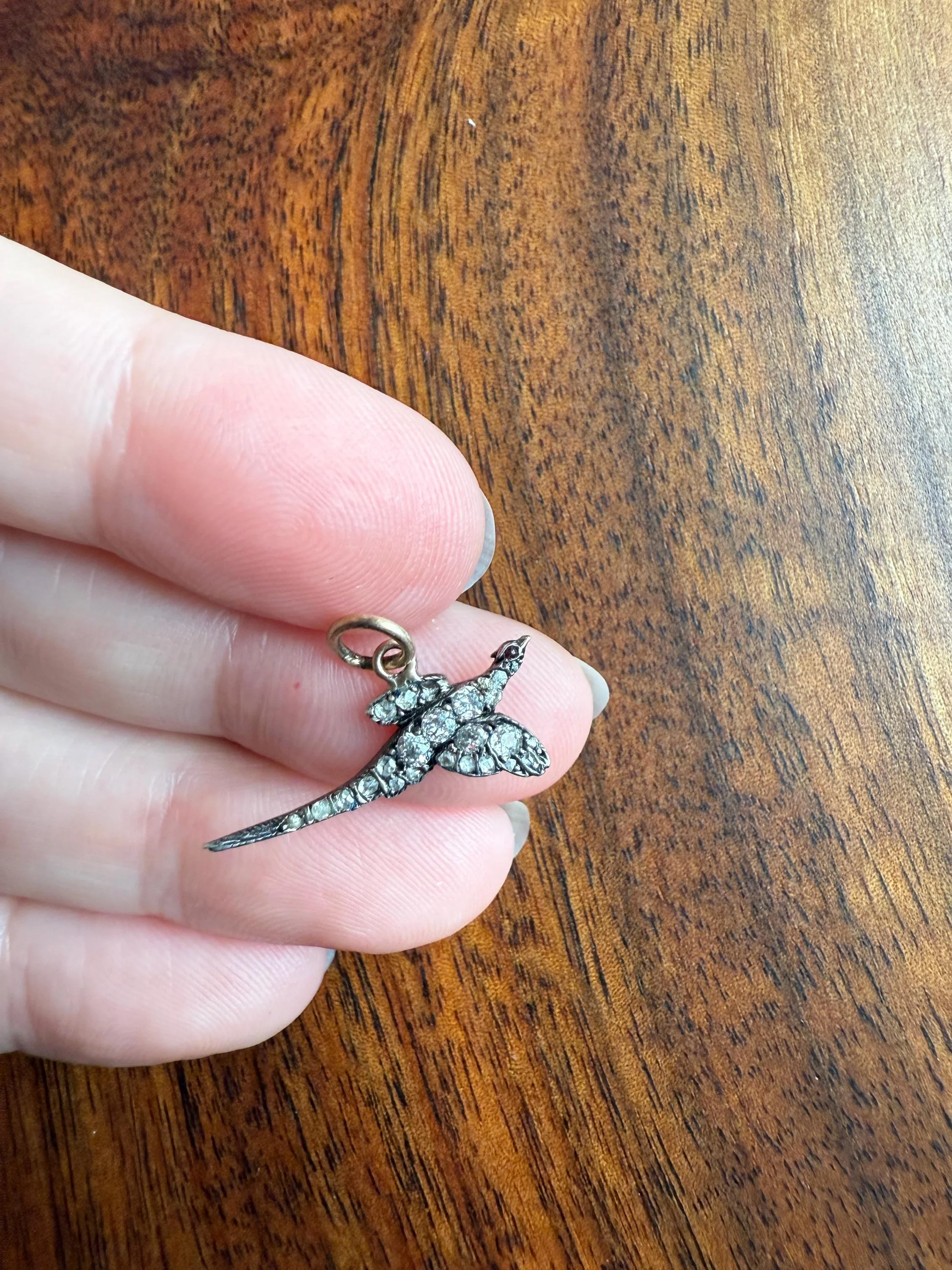 PHEASANT in Flight Antique Victorian 14k Gold Figural Pendant Old Mine Rose Cut Diamond Ruby Eye Necklace Bracelet Charm Animal Game Jewelry - Image 5