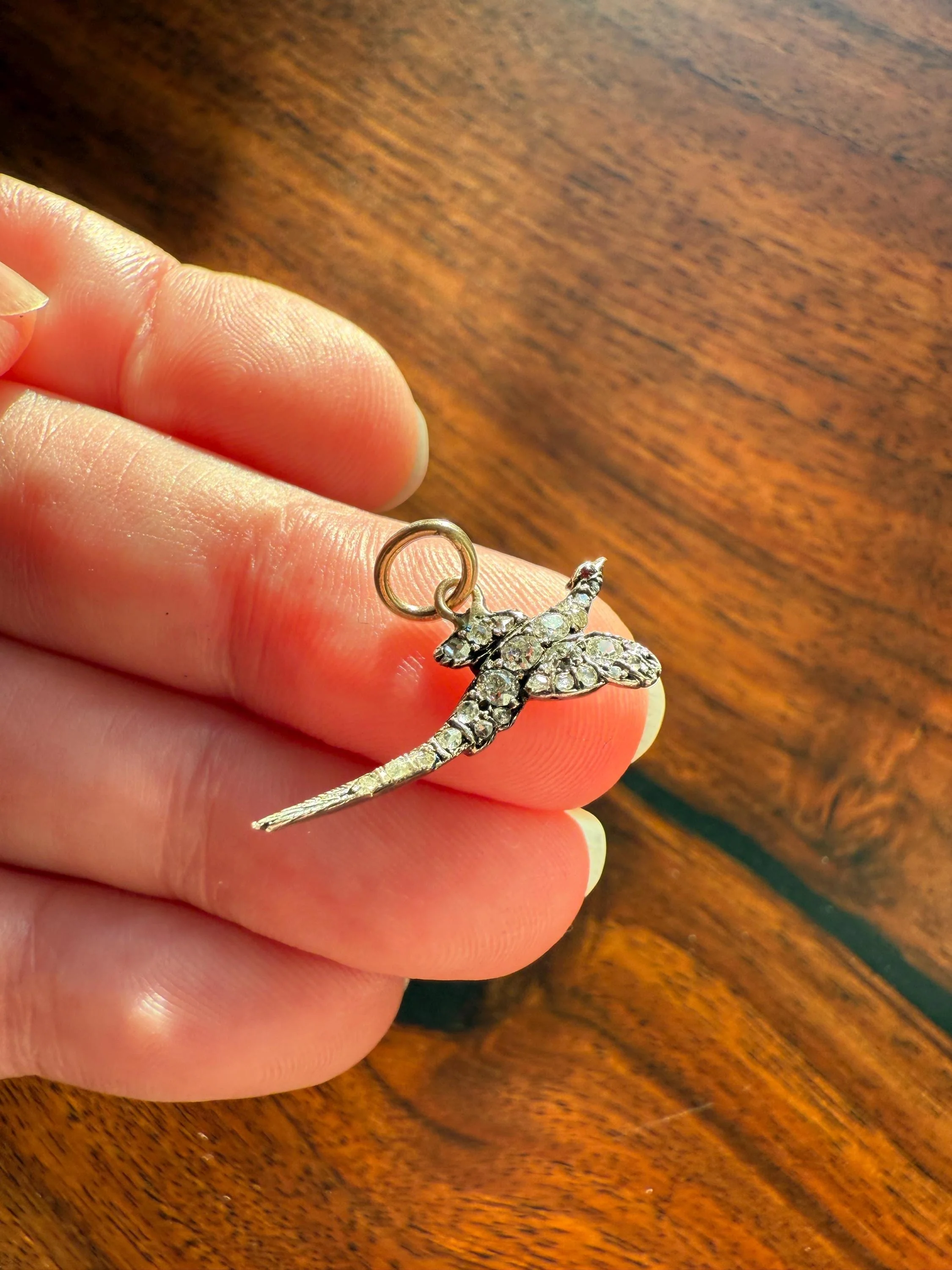 PHEASANT in Flight Antique Victorian 14k Gold Figural Pendant Old Mine Rose Cut Diamond Ruby Eye Necklace Bracelet Charm Animal Game Jewelry - Image 6