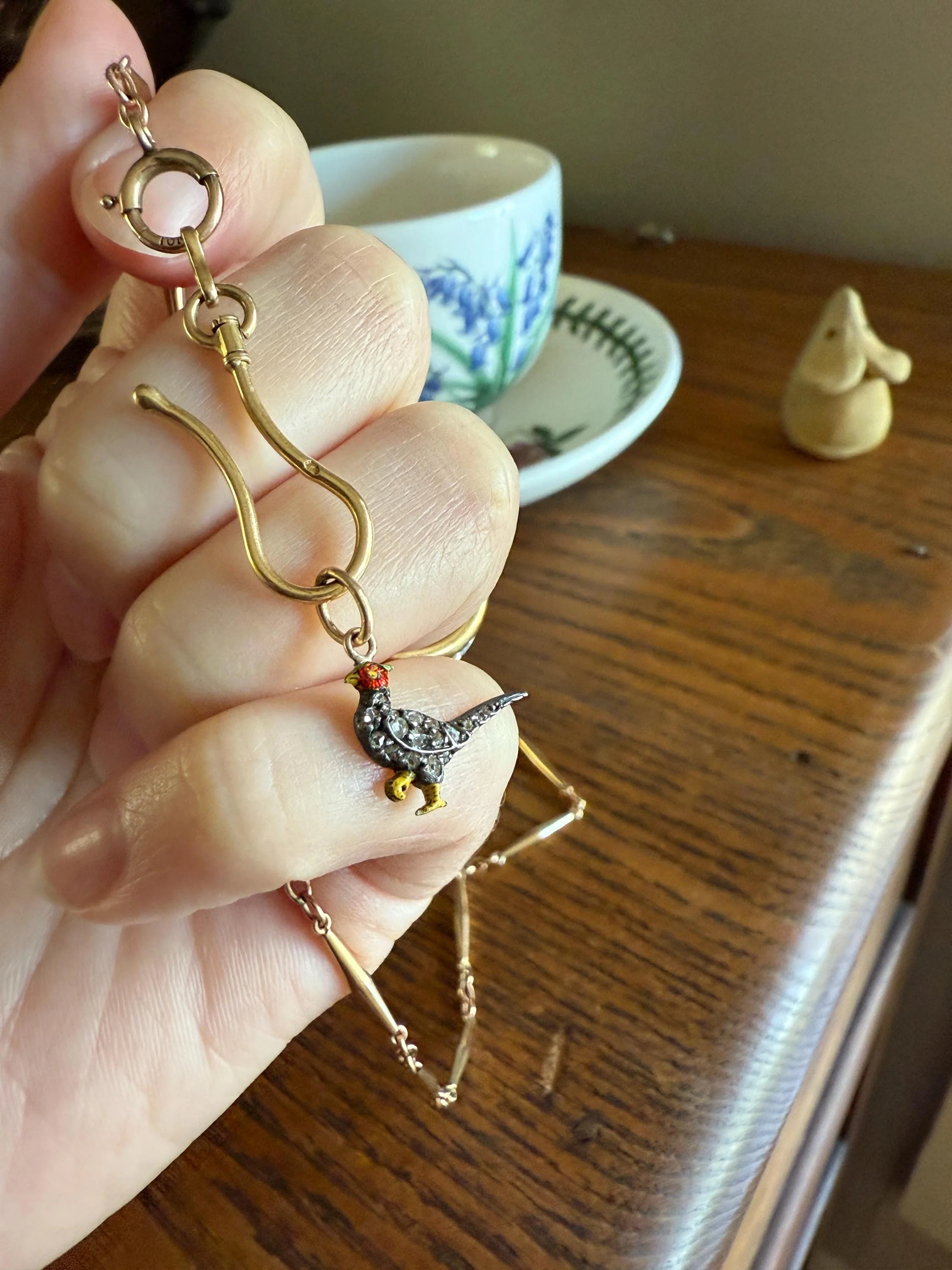 PHEASANT named Steve Standing Antique Victorian 14k Gold Figural Pendant Red Yellow Enamel Rose Cut Diamond Necklace Bracelet Charm Animal - Image 2