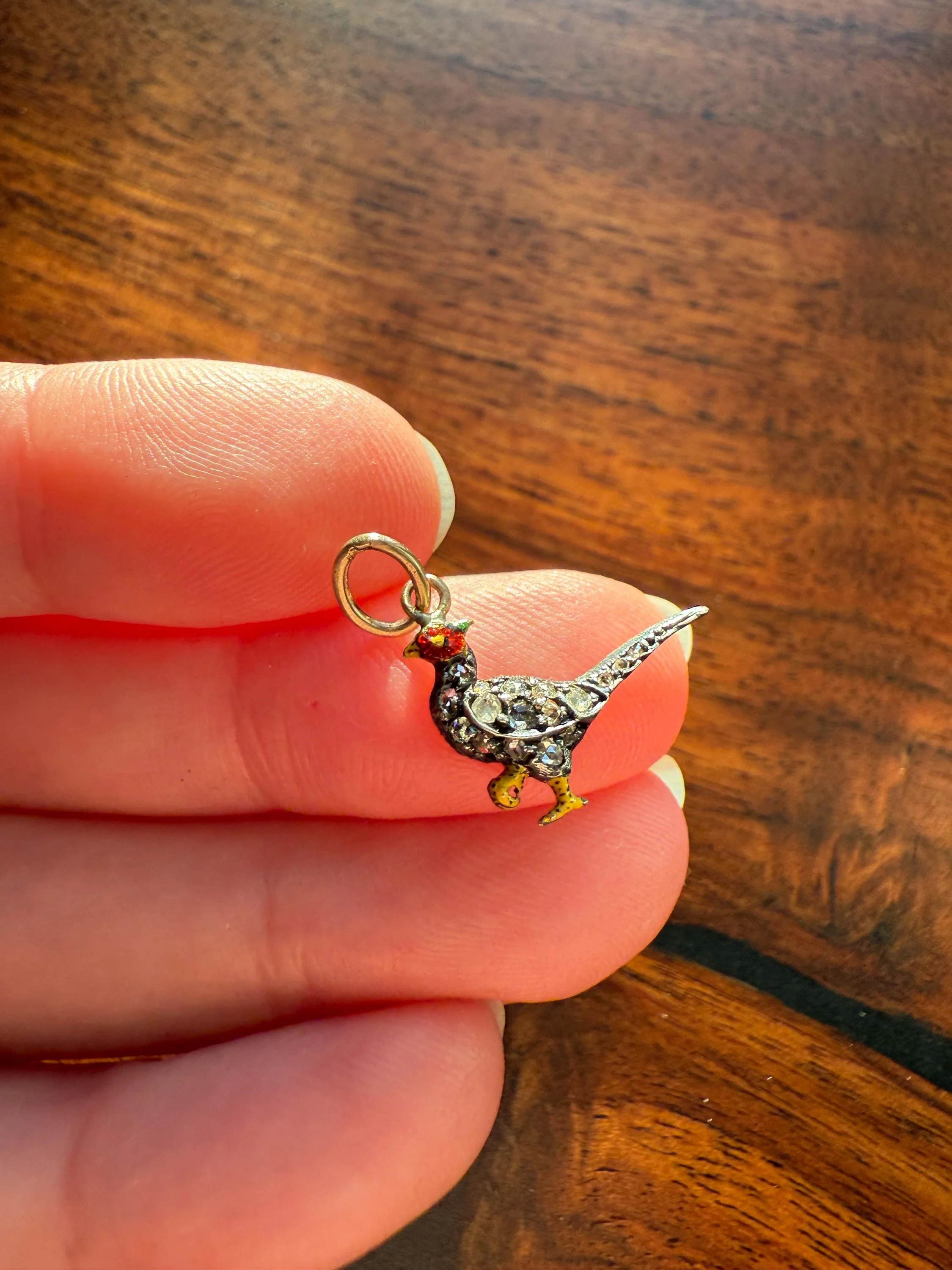 PHEASANT named Steve Standing Antique Victorian 14k Gold Figural Pendant Red Yellow Enamel Rose Cut Diamond Necklace Bracelet Charm Animal - Image 3