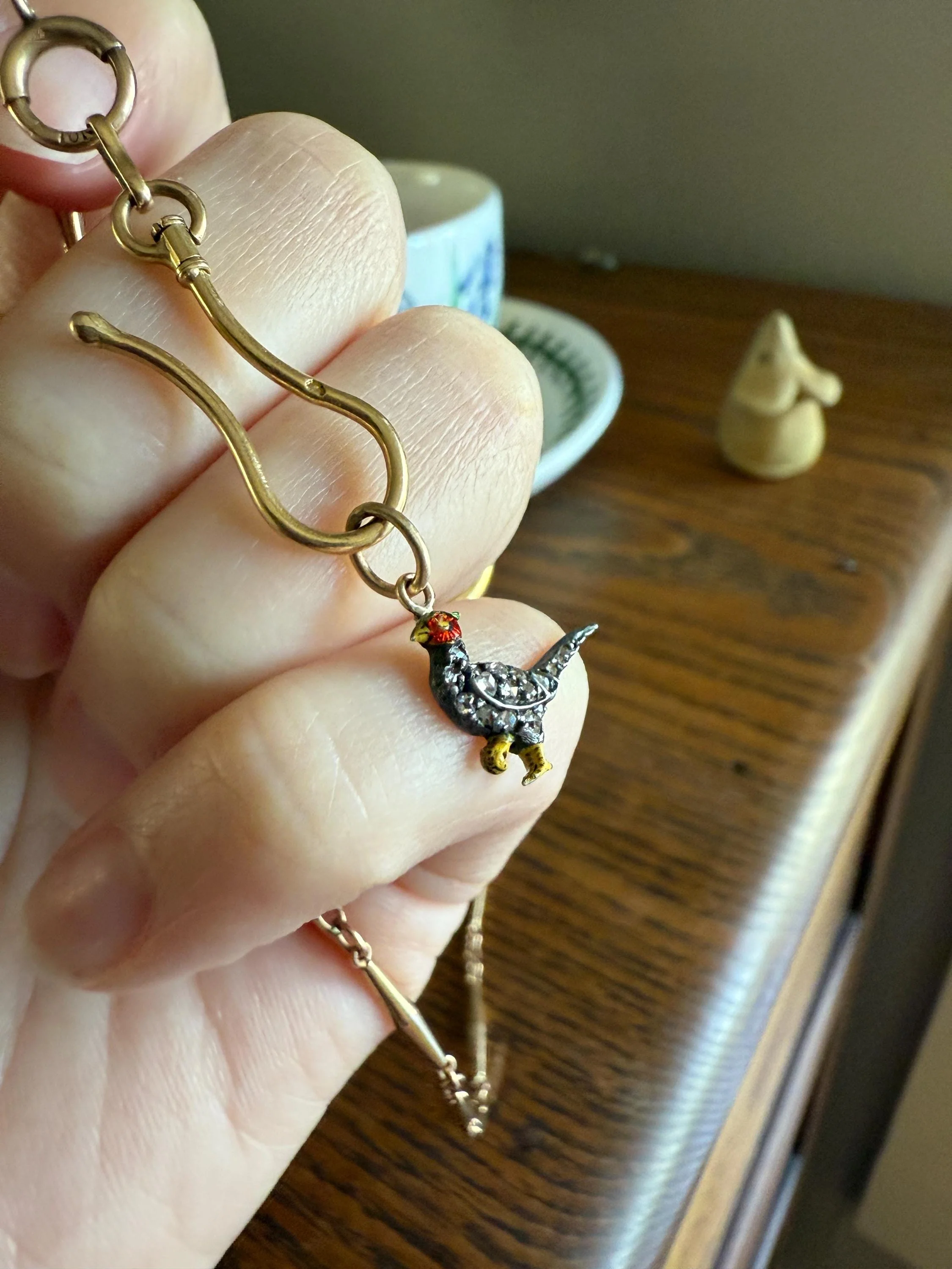 PHEASANT named Steve Standing Antique Victorian 14k Gold Figural Pendant Red Yellow Enamel Rose Cut Diamond Necklace Bracelet Charm Animal - Image 5