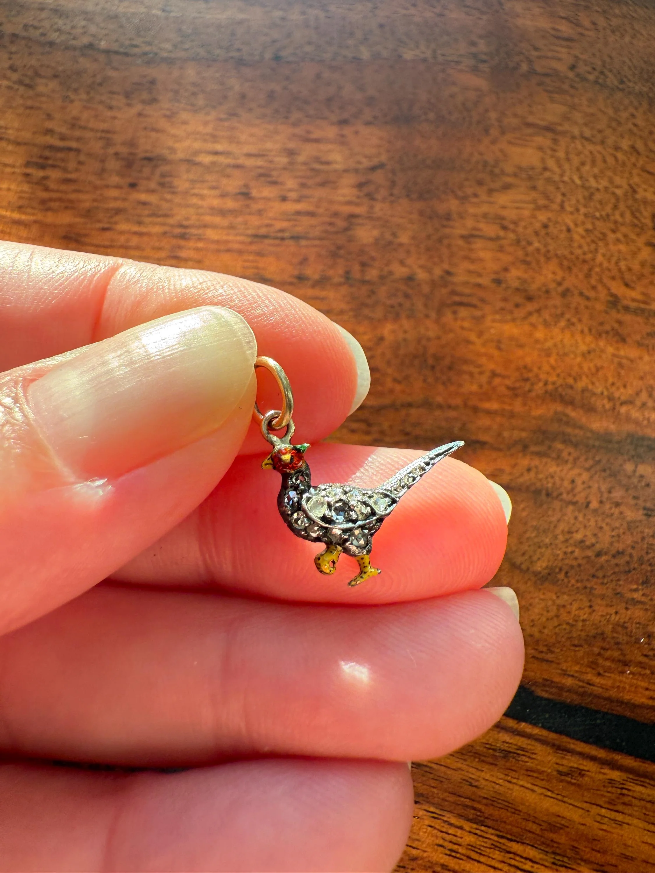PHEASANT named Steve Standing Antique Victorian 14k Gold Figural Pendant Red Yellow Enamel Rose Cut Diamond Necklace Bracelet Charm Animal - Image 6