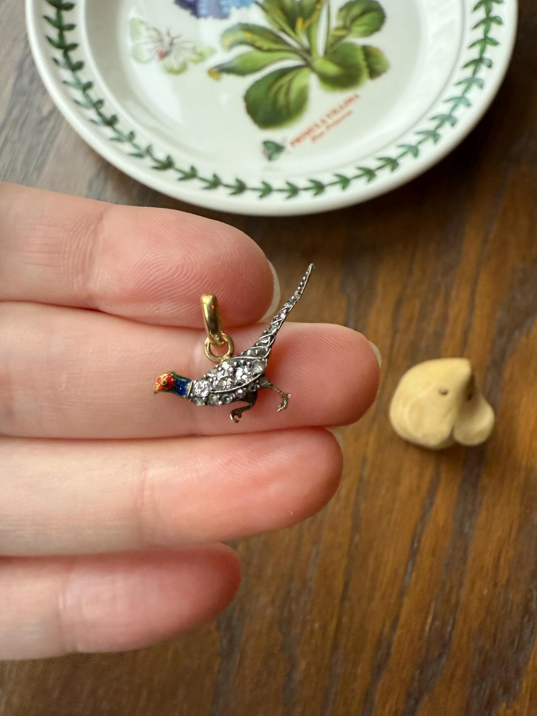 PHEASANT named Steve Standing Antique Victorian 14k Gold Figural Pendant Red Yellow Enamel Rose Cut Diamond Necklace - Image 2