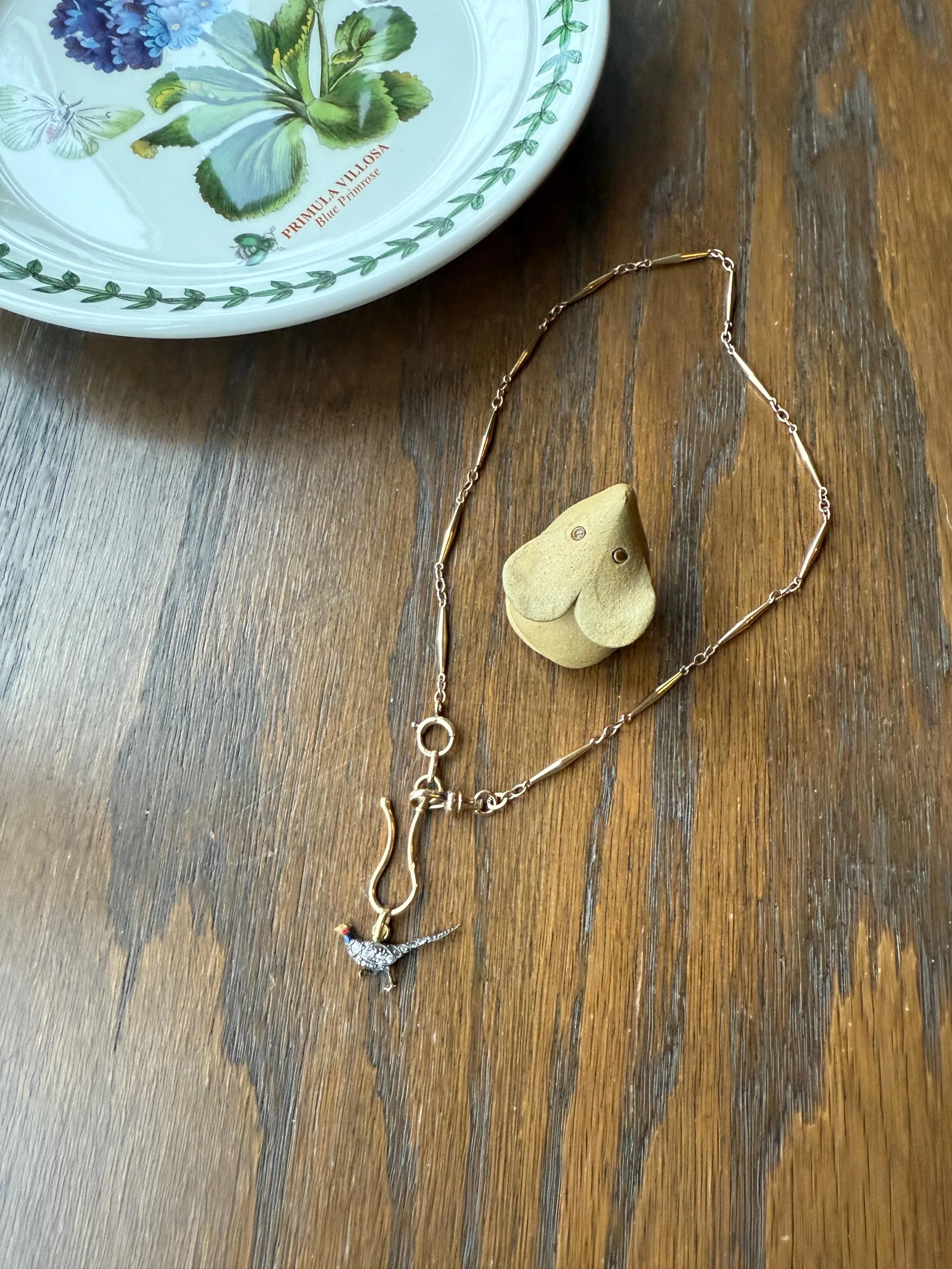 PHEASANT named Steve Standing Antique Victorian 14k Gold Figural Pendant Red Yellow Enamel Rose Cut Diamond Necklace - Image 3