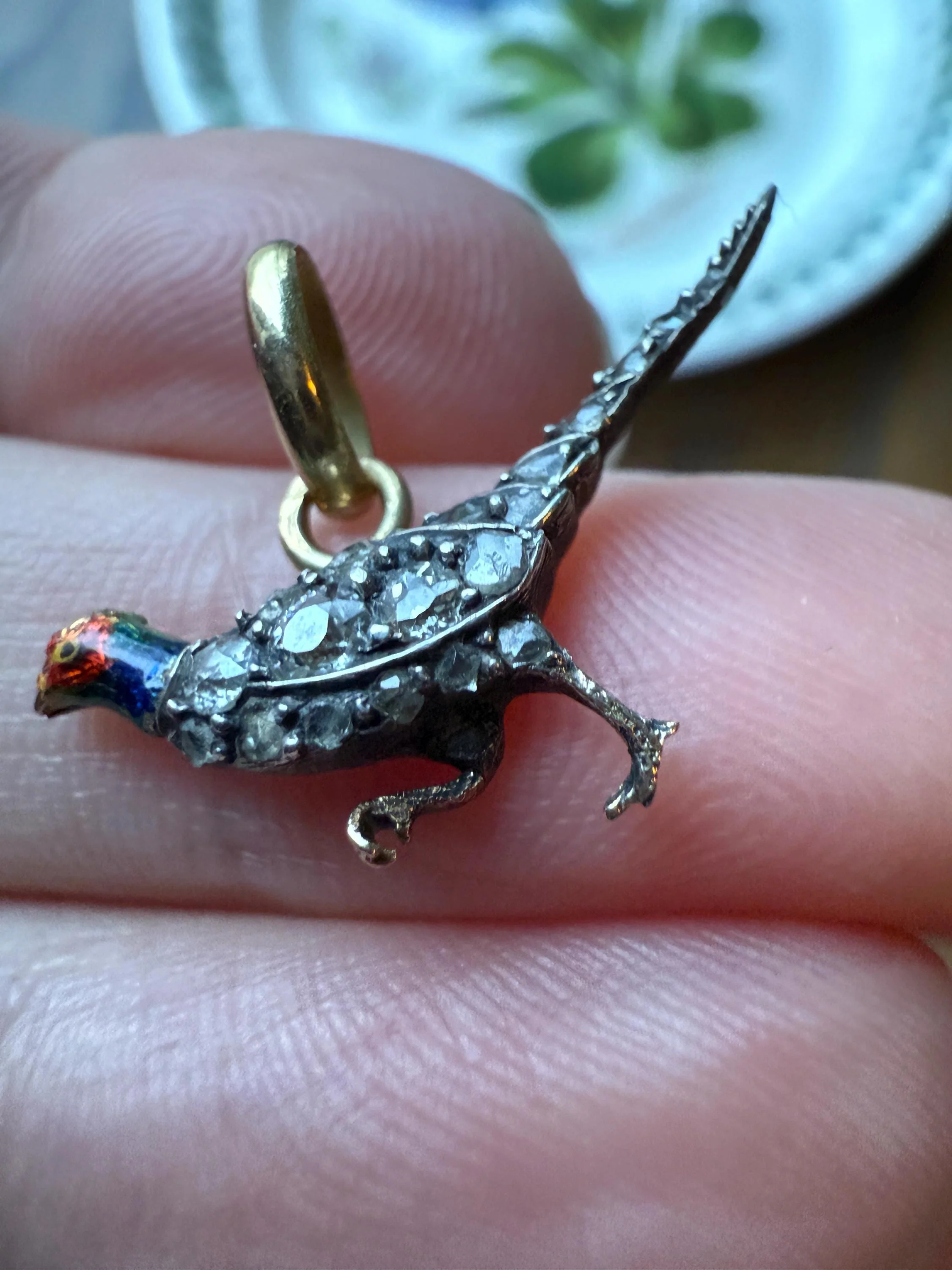 PHEASANT named Steve Standing Antique Victorian 14k Gold Figural Pendant Red Yellow Enamel Rose Cut Diamond Necklace - Image 4