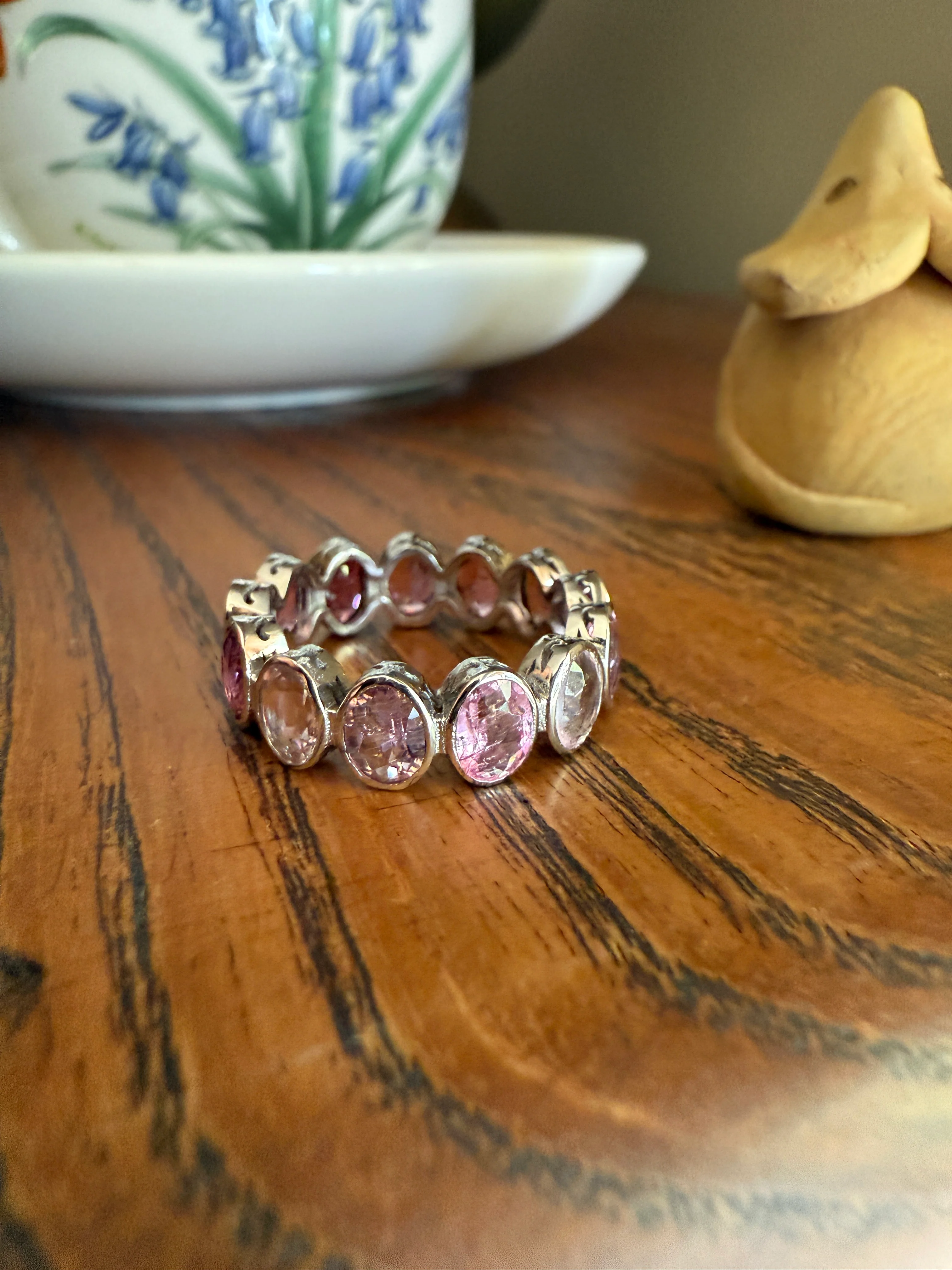 PINK TOURMALINE 5 Carats Natural French Vintage ETERNITY Ring 14k White Gold Wide Band Oval Pale Dusty Rose Light Dark Hue Chunky Stacker - Image 14