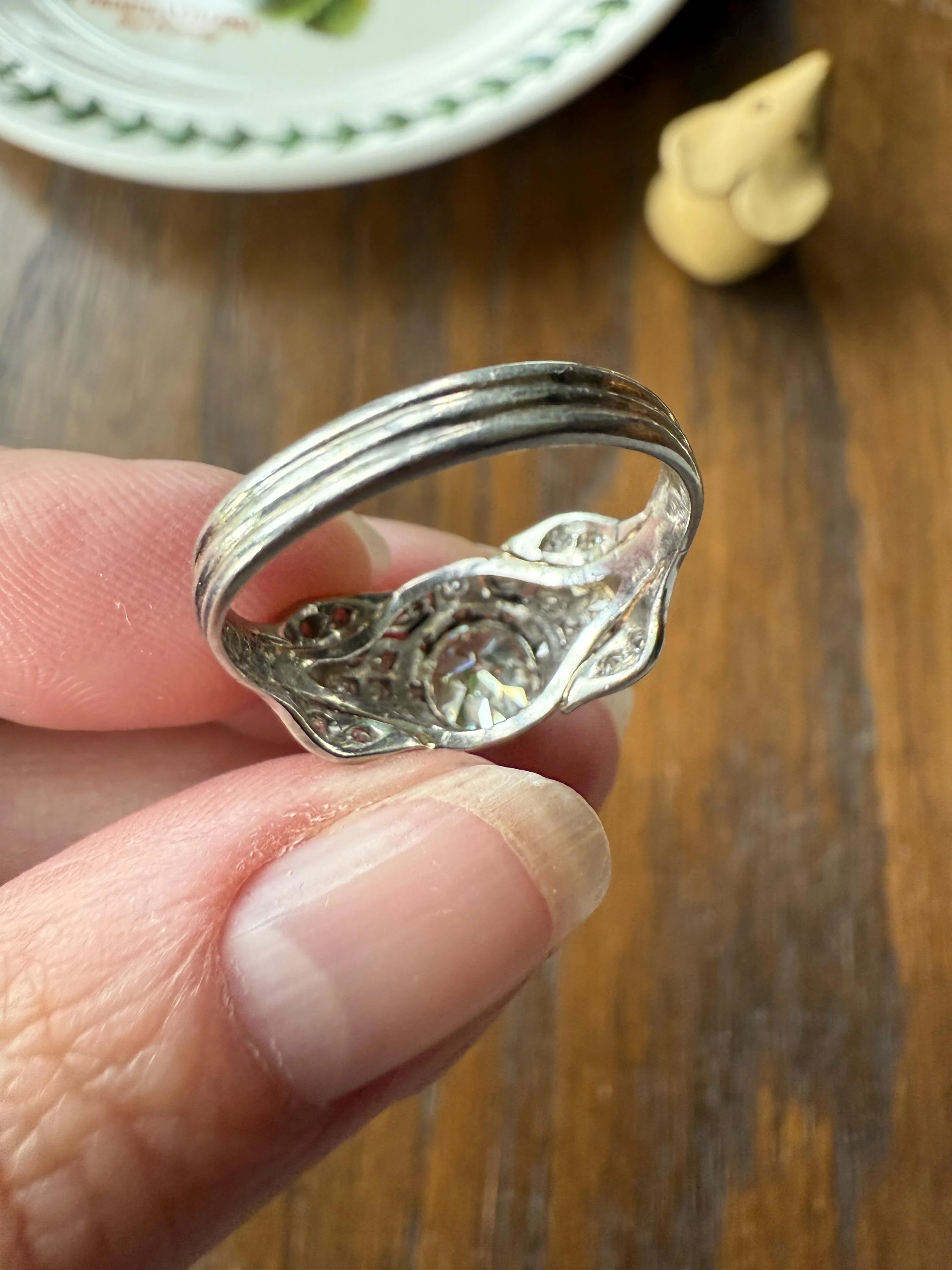 PLATINUM 1.7Ctw Art Deco Eye CLEAN Old European Cut Diamond Solitaire Engagement Ring w/ Wedding Set Wrap Encrusted Leaf Prong Antique c1928 - Image 10