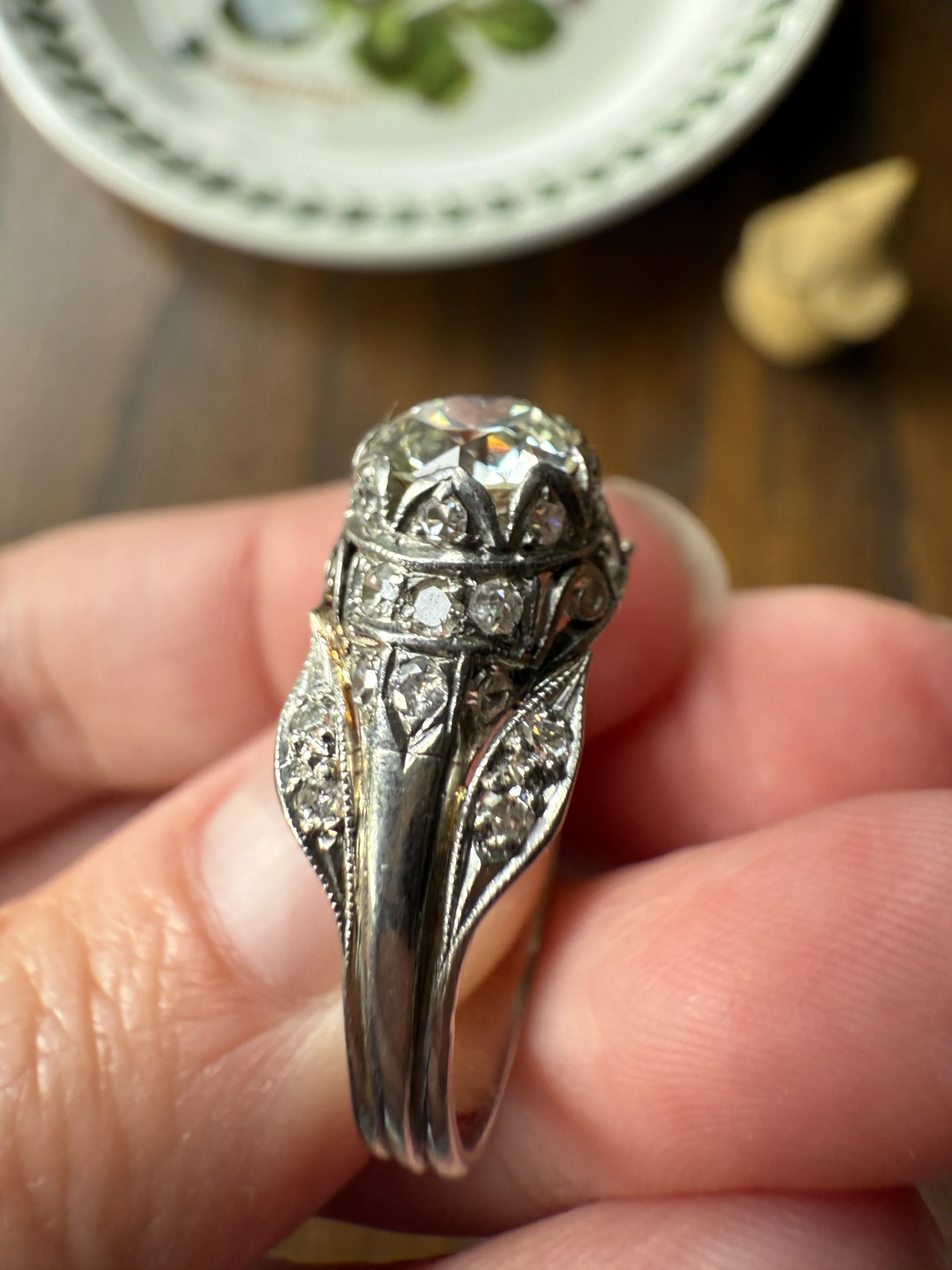PLATINUM 1.7Ctw Art Deco Eye CLEAN Old European Cut Diamond Solitaire Engagement Ring w/ Wedding Set Wrap Encrusted Leaf Prong Antique c1928 - Image 12