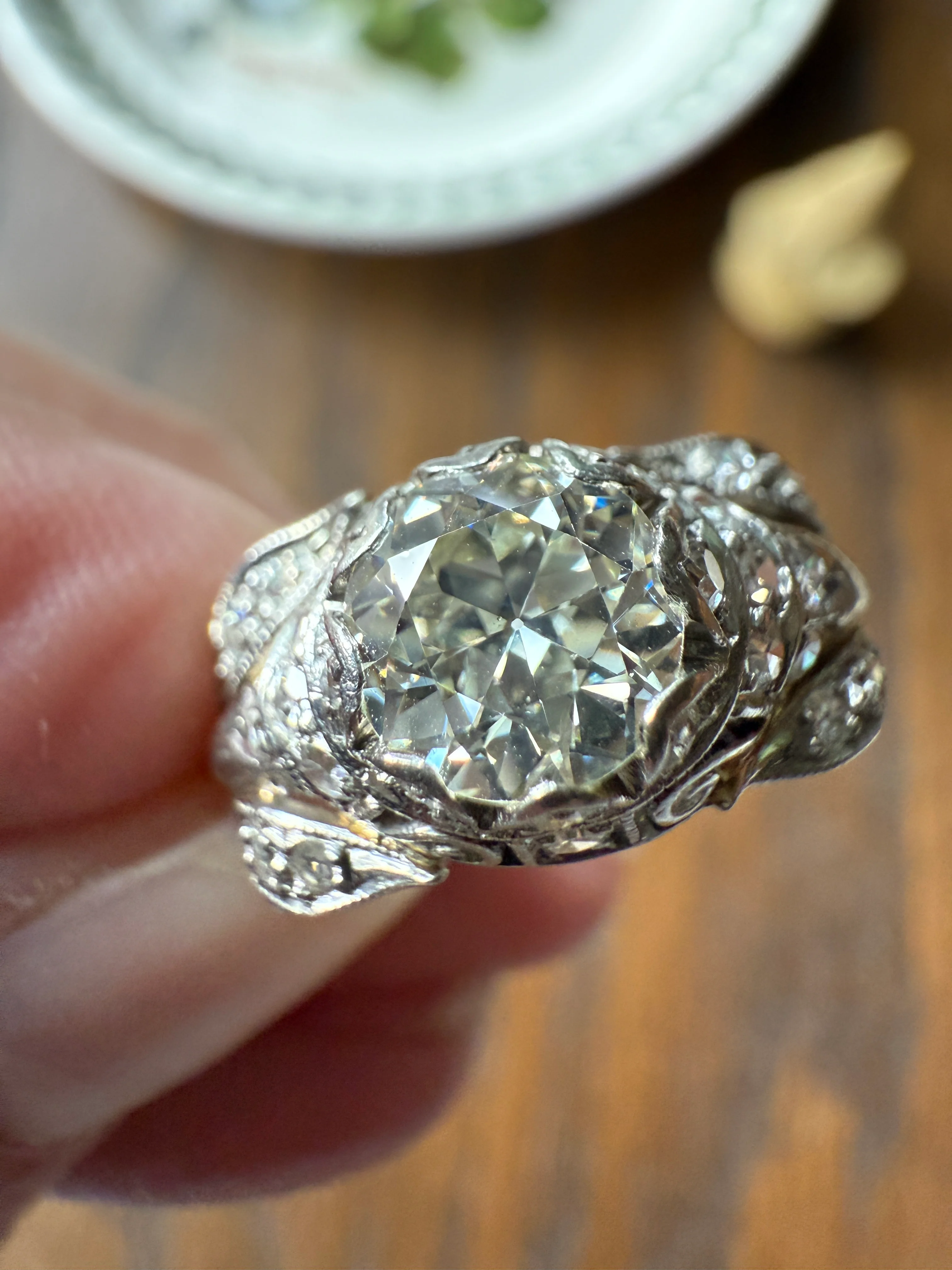 PLATINUM 1.7Ctw Art Deco Eye CLEAN Old European Cut Diamond Solitaire Engagement Ring w/ Wedding Set Wrap Encrusted Leaf Prong Antique c1928 - Image 13