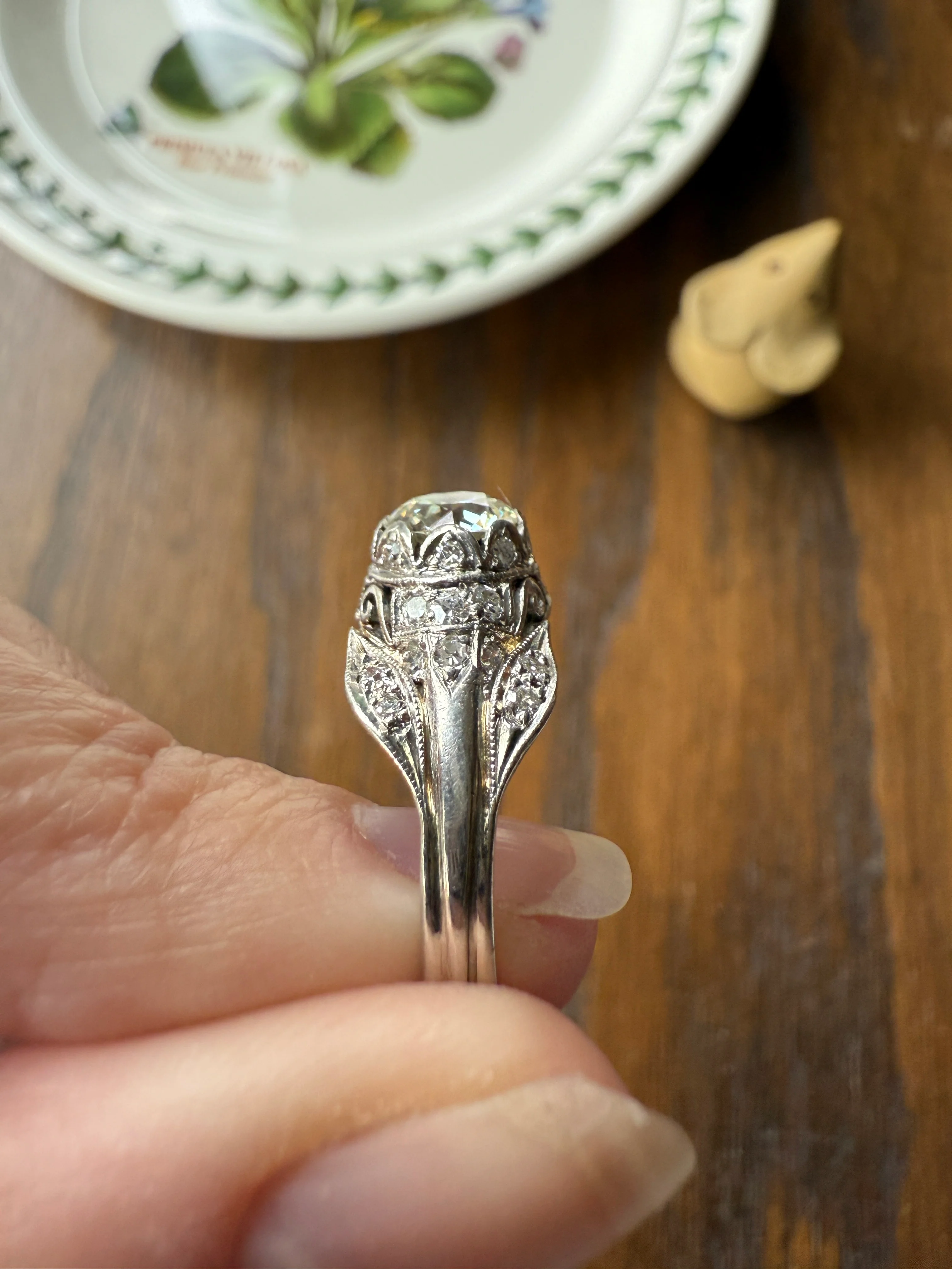 PLATINUM 1.7Ctw Art Deco Eye CLEAN Old European Cut Diamond Solitaire Engagement Ring w/ Wedding Set Wrap Encrusted Leaf Prong Antique c1928 - Image 15