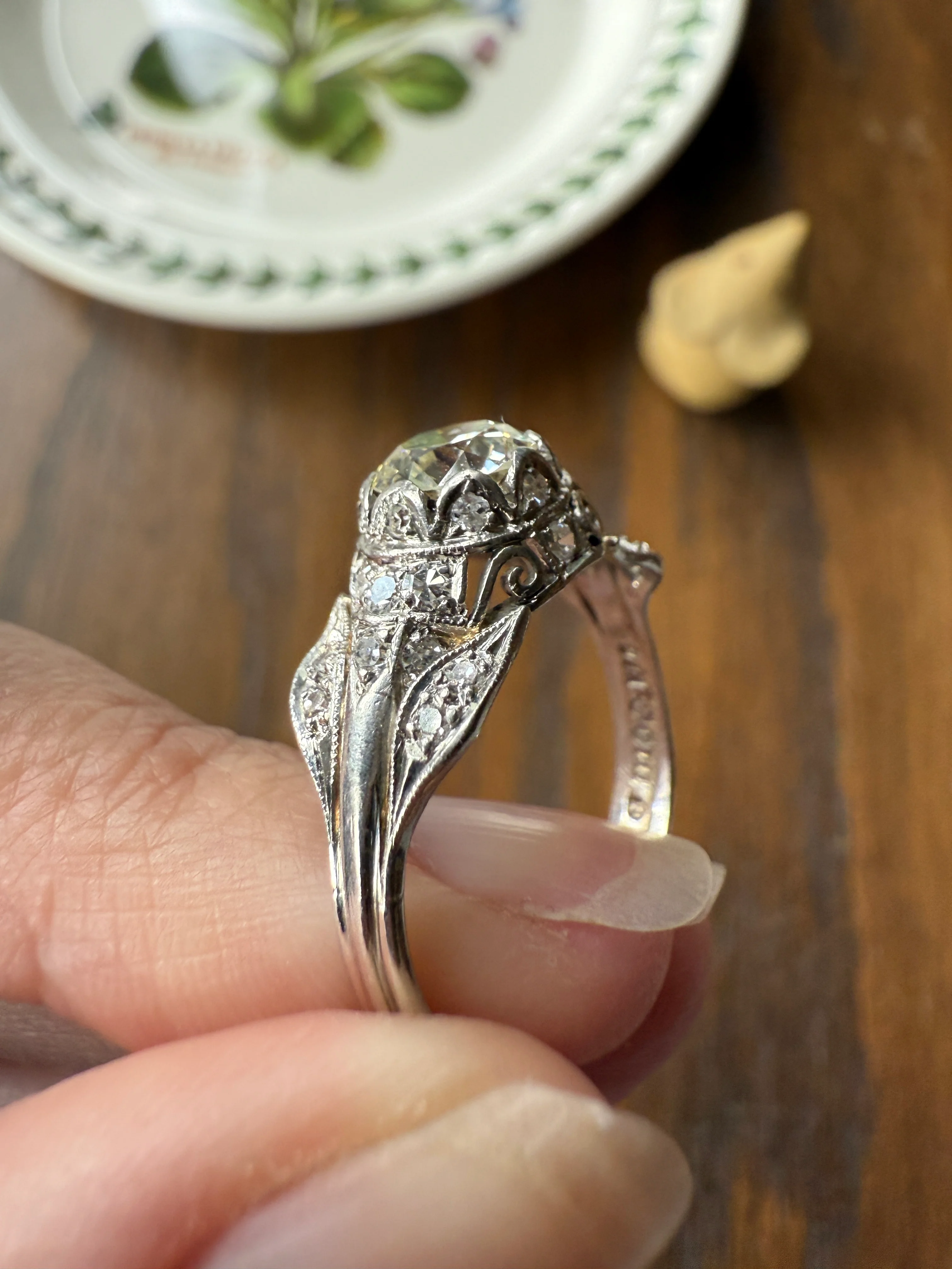 PLATINUM 1.7Ctw Art Deco Eye CLEAN Old European Cut Diamond Solitaire Engagement Ring w/ Wedding Set Wrap Encrusted Leaf Prong Antique c1928 - Image 16