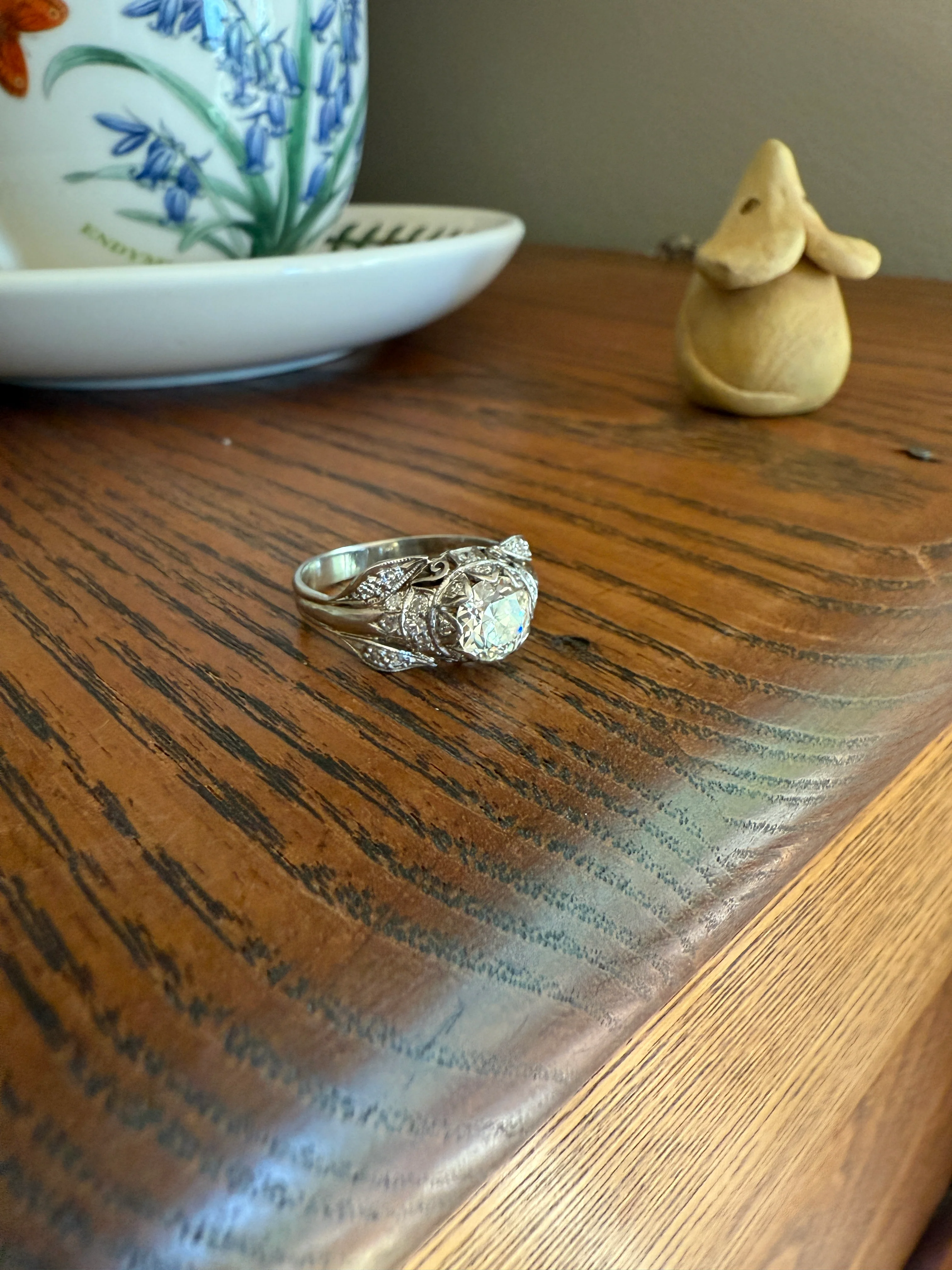 PLATINUM 1.7Ctw Art Deco Eye CLEAN Old European Cut Diamond Solitaire Engagement Ring w/ Wedding Set Wrap Encrusted Leaf Prong Antique c1928 - Image 18