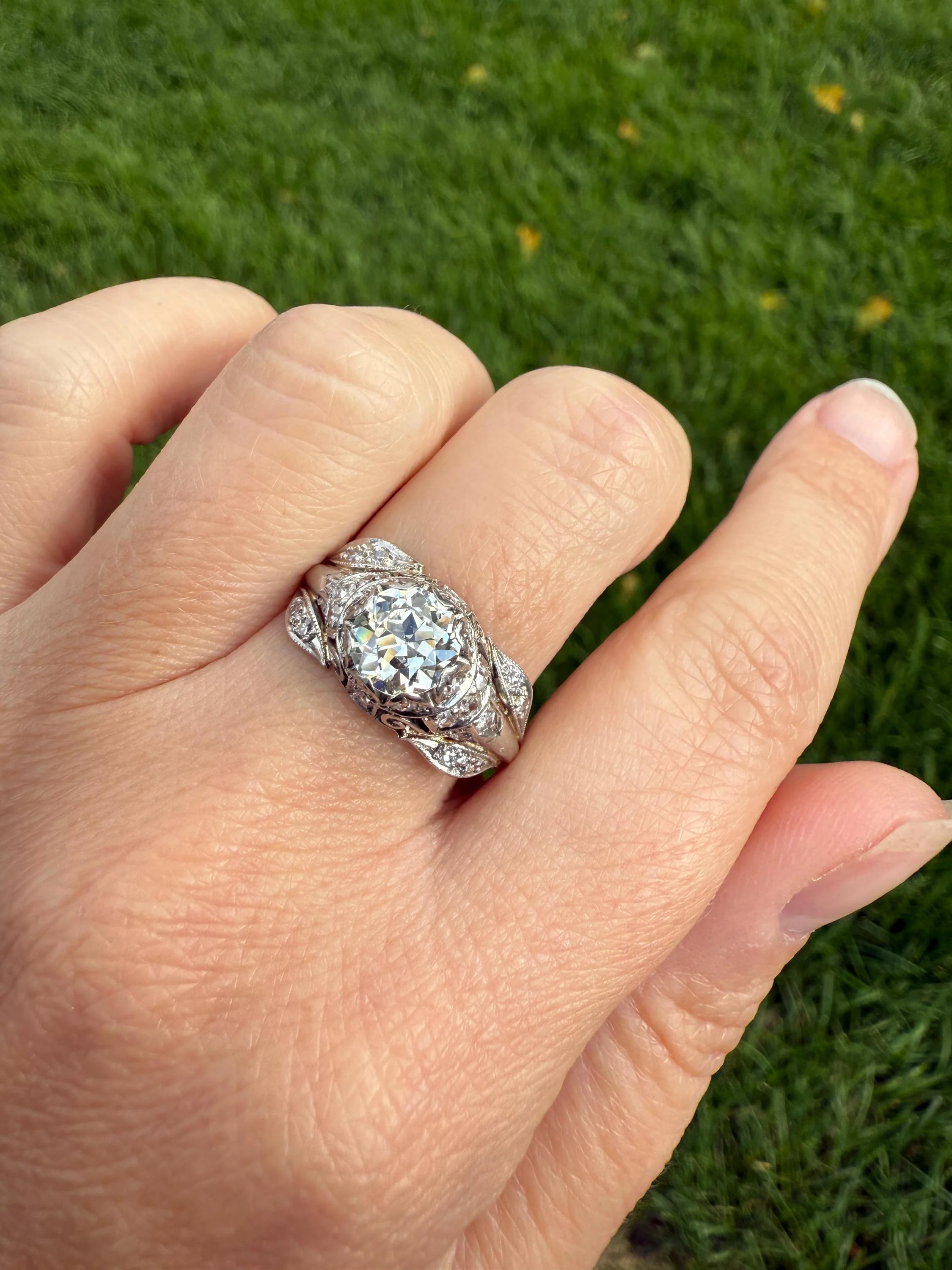 PLATINUM 1.7Ctw Art Deco Eye CLEAN Old European Cut Diamond Solitaire Engagement Ring w/ Wedding Set Wrap Encrusted Leaf Prong Antique c1928 - Image 2