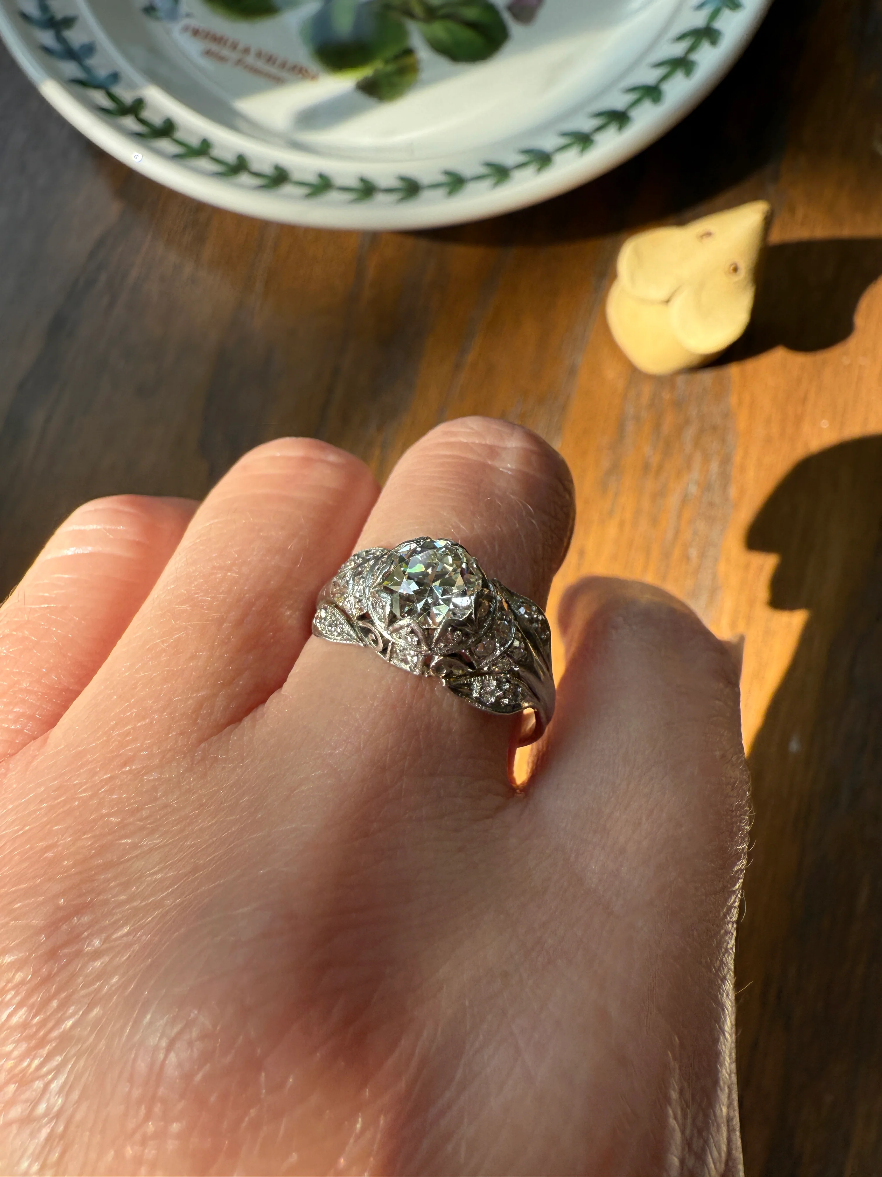 PLATINUM 1.7Ctw Art Deco Eye CLEAN Old European Cut Diamond Solitaire Engagement Ring w/ Wedding Set Wrap Encrusted Leaf Prong Antique c1928 - Image 21