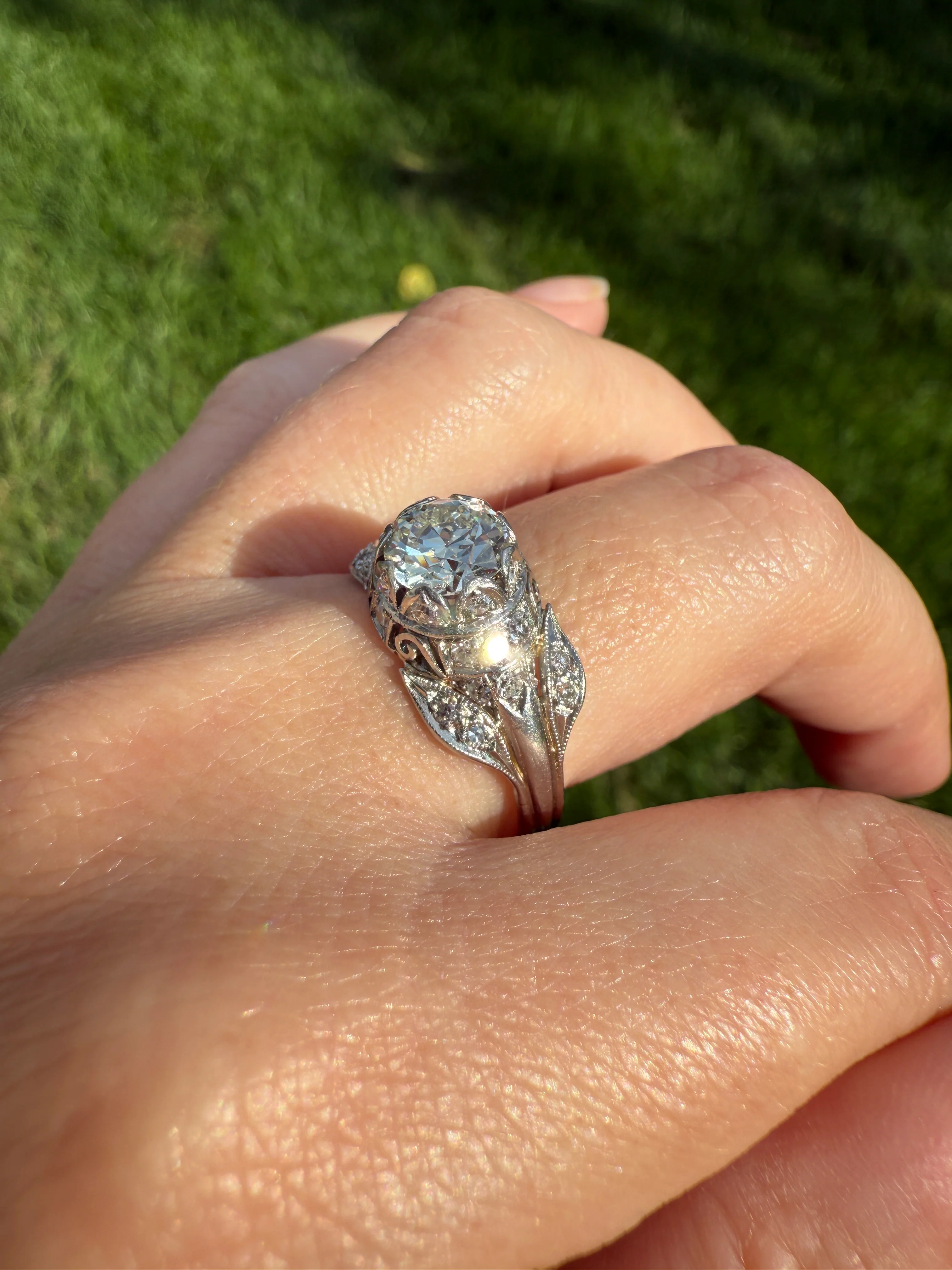 PLATINUM 1.7Ctw Art Deco Eye CLEAN Old European Cut Diamond Solitaire Engagement Ring w/ Wedding Set Wrap Encrusted Leaf Prong Antique c1928 - Image 22