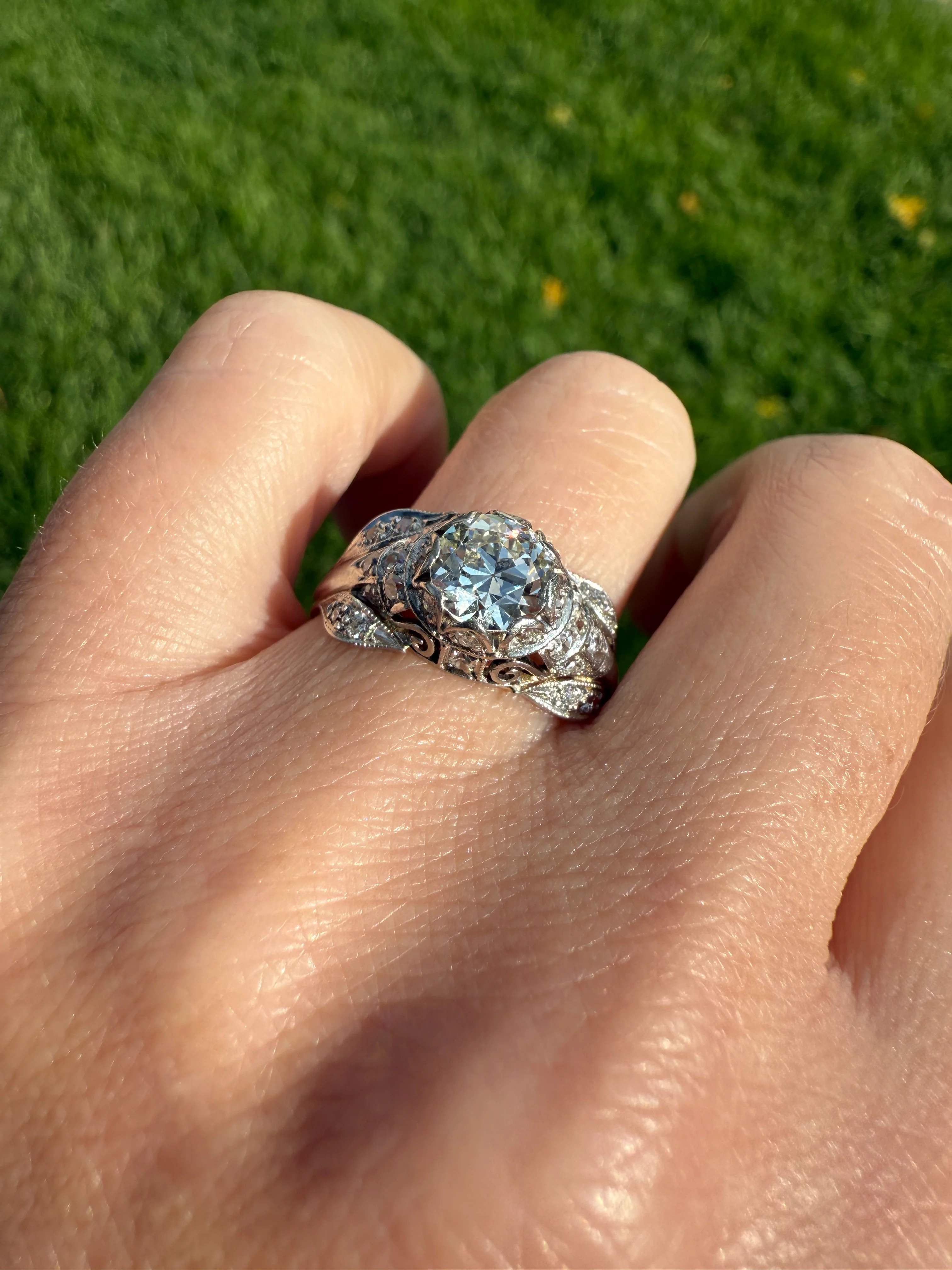 PLATINUM 1.7Ctw Art Deco Eye CLEAN Old European Cut Diamond Solitaire Engagement Ring w/ Wedding Set Wrap Encrusted Leaf Prong Antique c1928 - Image 23