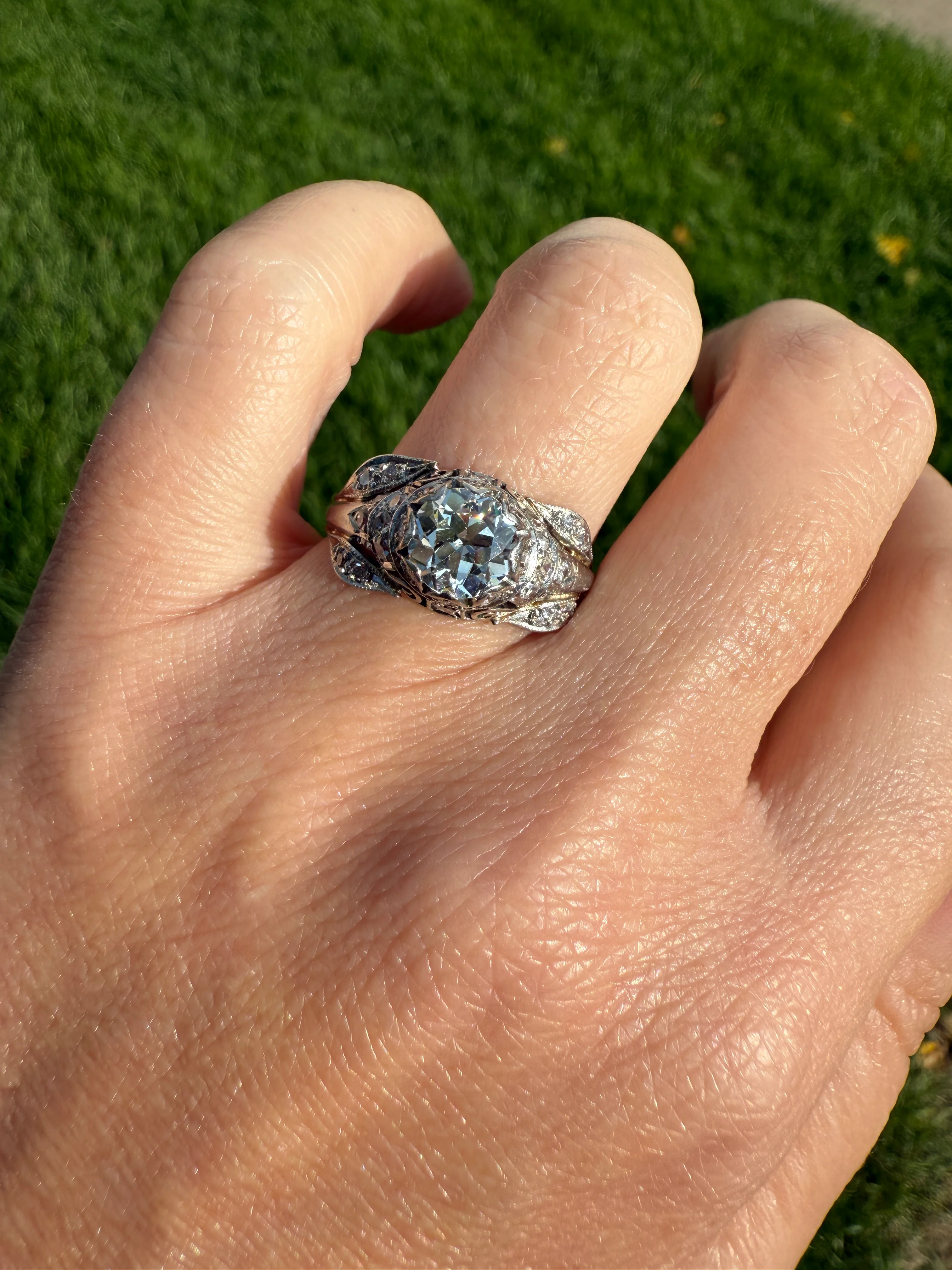 PLATINUM 1.7Ctw Art Deco Eye CLEAN Old European Cut Diamond Solitaire Engagement Ring w/ Wedding Set Wrap Encrusted Leaf Prong Antique c1928 - Image 24