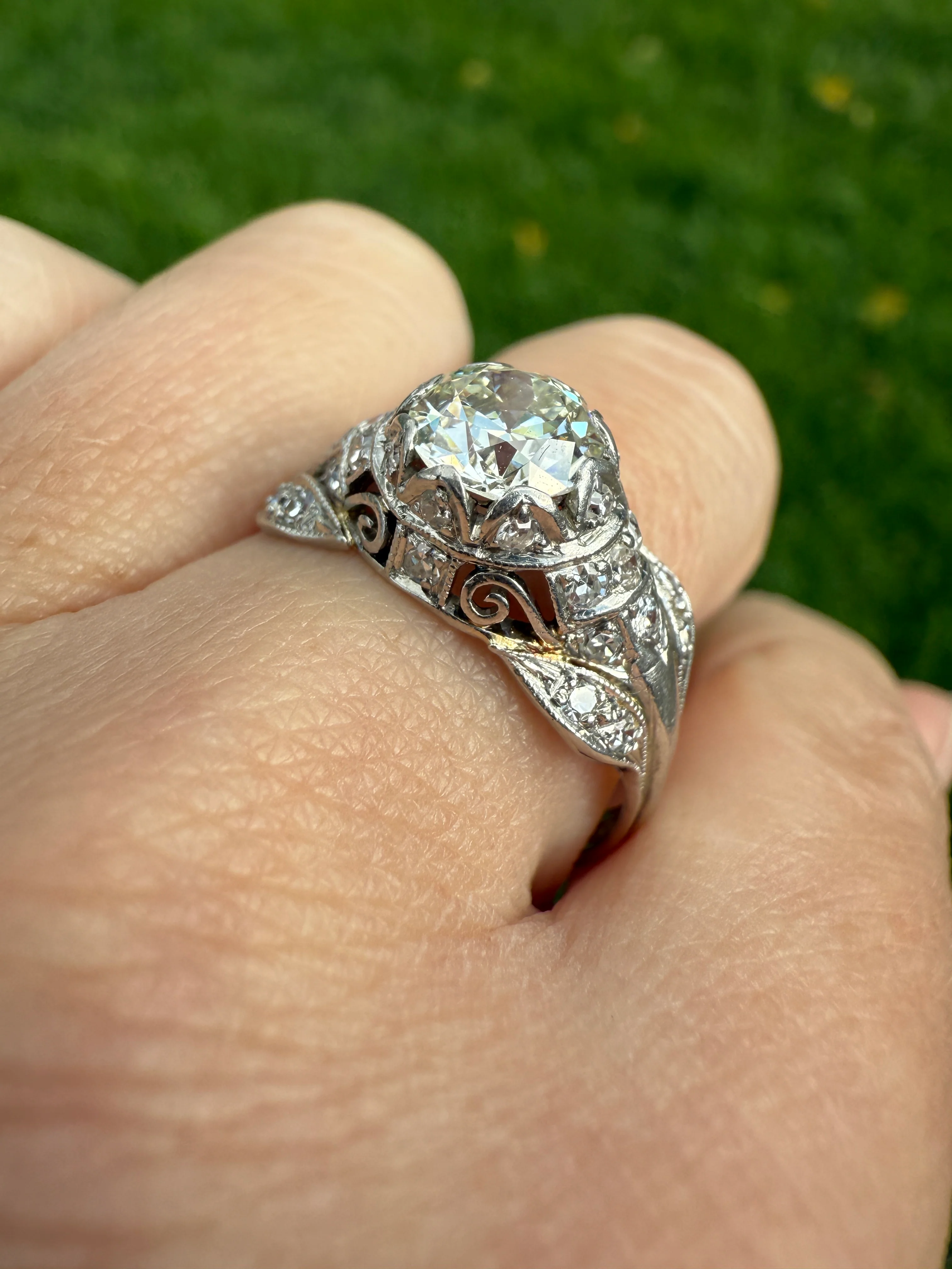 PLATINUM 1.7Ctw Art Deco Eye CLEAN Old European Cut Diamond Solitaire Engagement Ring w/ Wedding Set Wrap Encrusted Leaf Prong Antique c1928 - Image 25