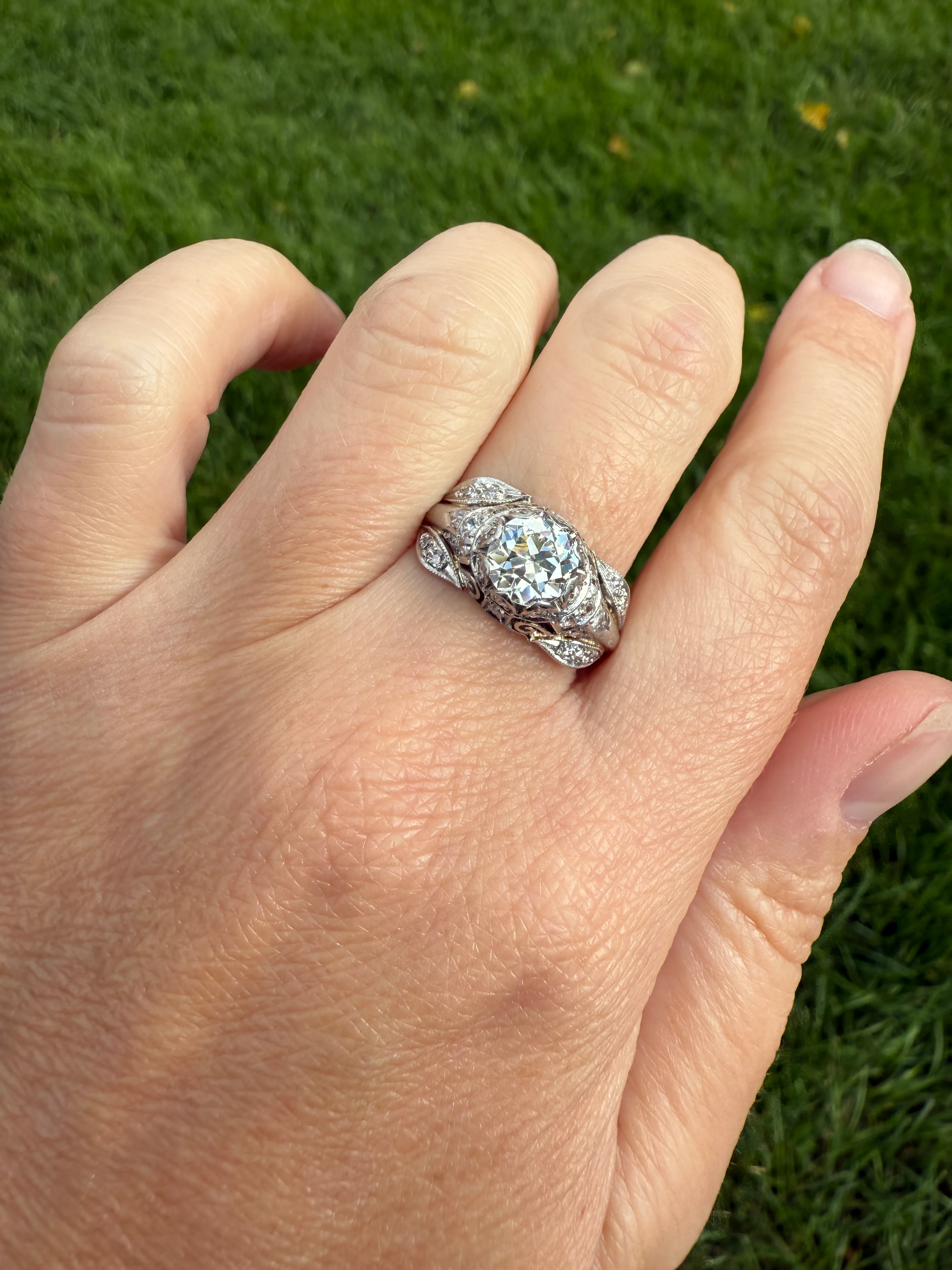 PLATINUM 1.7Ctw Art Deco Eye CLEAN Old European Cut Diamond Solitaire Engagement Ring w/ Wedding Set Wrap Encrusted Leaf Prong Antique c1928 - Image 26