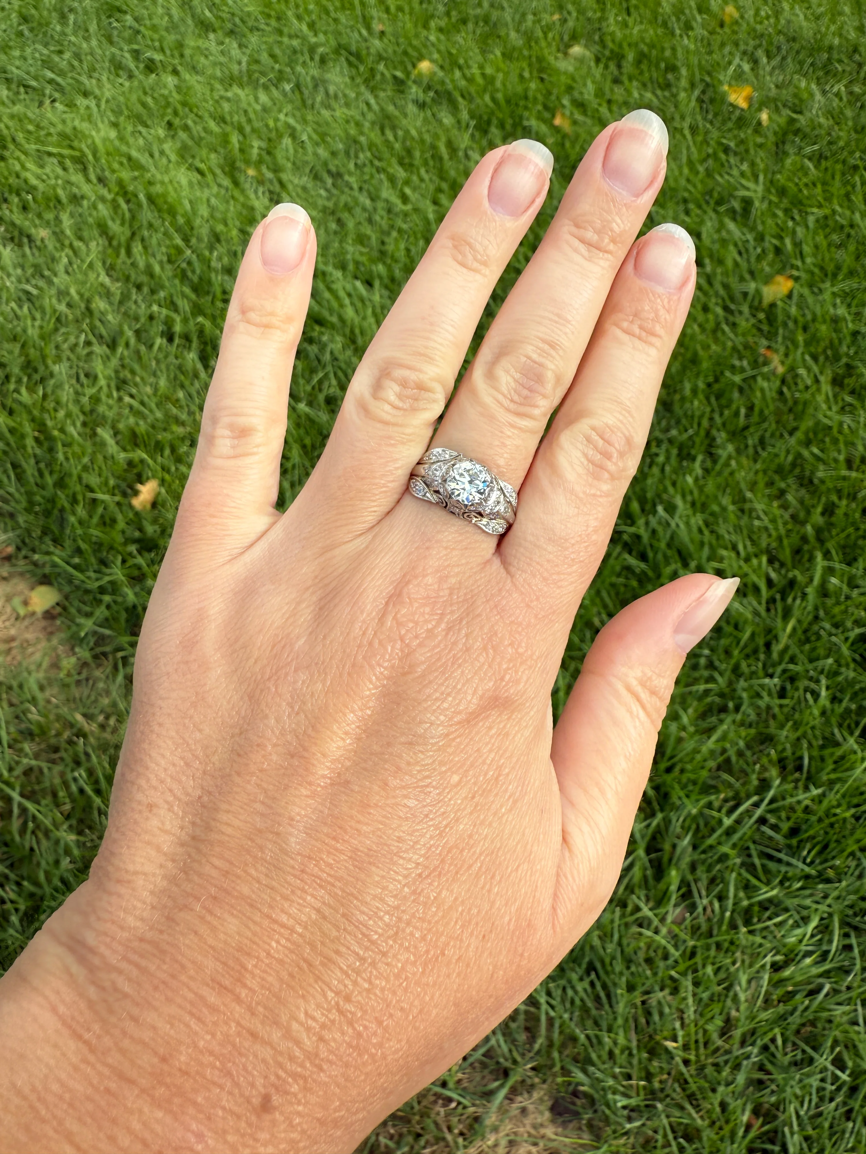 PLATINUM 1.7Ctw Art Deco Eye CLEAN Old European Cut Diamond Solitaire Engagement Ring w/ Wedding Set Wrap Encrusted Leaf Prong Antique c1928 - Image 27