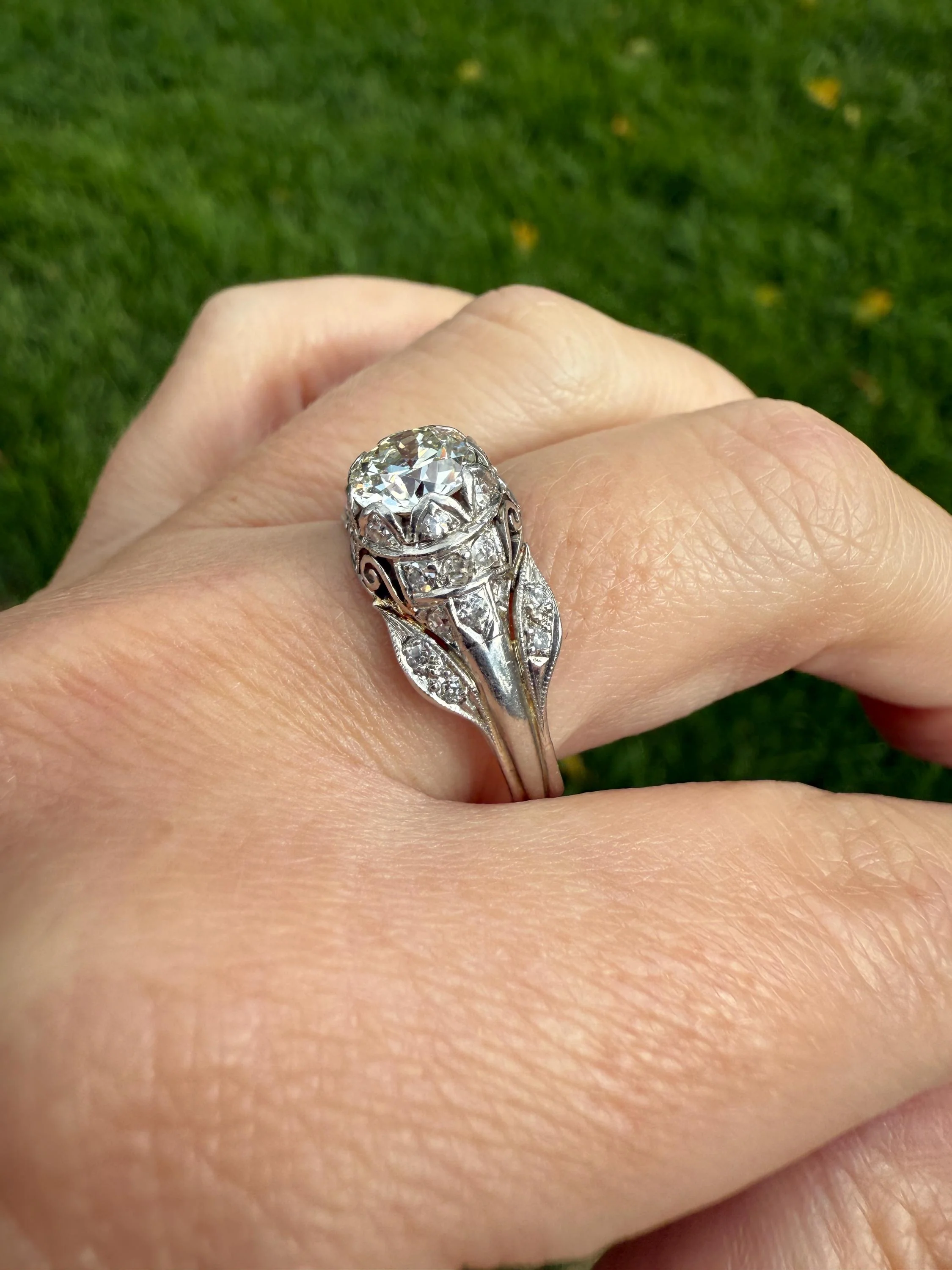 PLATINUM 1.7Ctw Art Deco Eye CLEAN Old European Cut Diamond Solitaire Engagement Ring w/ Wedding Set Wrap Encrusted Leaf Prong Antique c1928 - Image 3