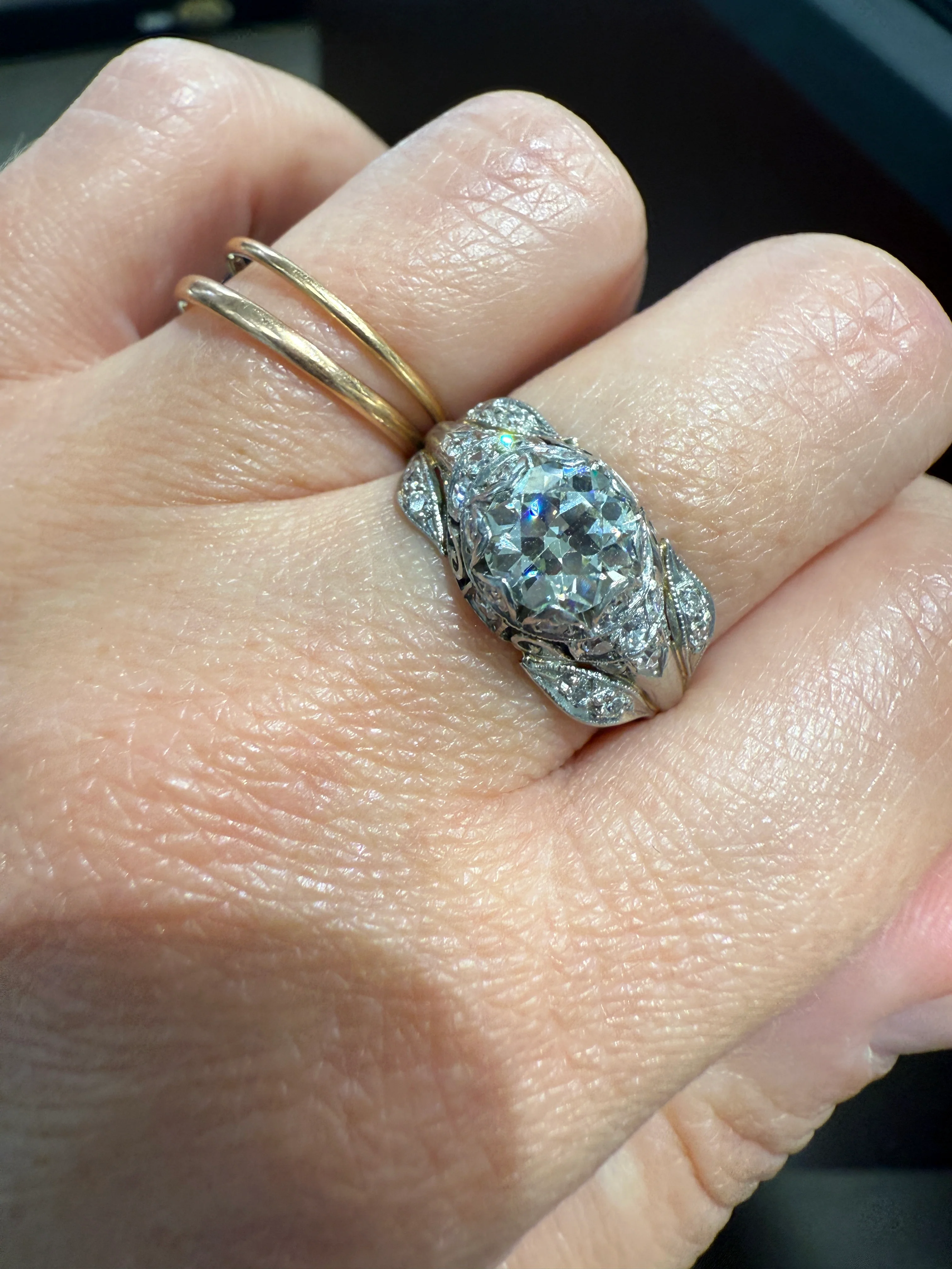 PLATINUM 1.7Ctw Art Deco Eye CLEAN Old European Cut Diamond Solitaire Engagement Ring w/ Wedding Set Wrap Encrusted Leaf Prong Antique c1928 - Image 32