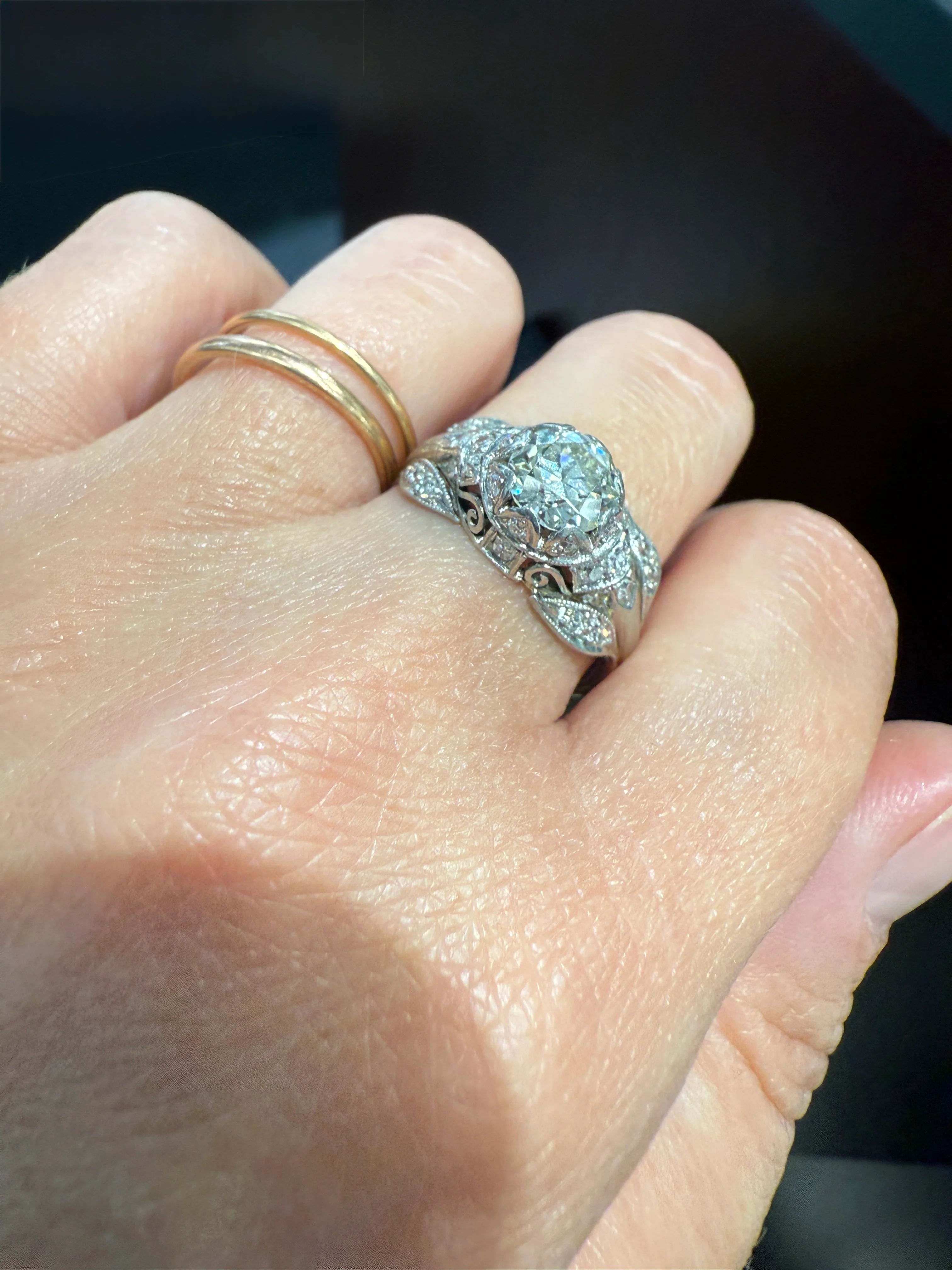 PLATINUM 1.7Ctw Art Deco Eye CLEAN Old European Cut Diamond Solitaire Engagement Ring w/ Wedding Set Wrap Encrusted Leaf Prong Antique c1928 - Image 33