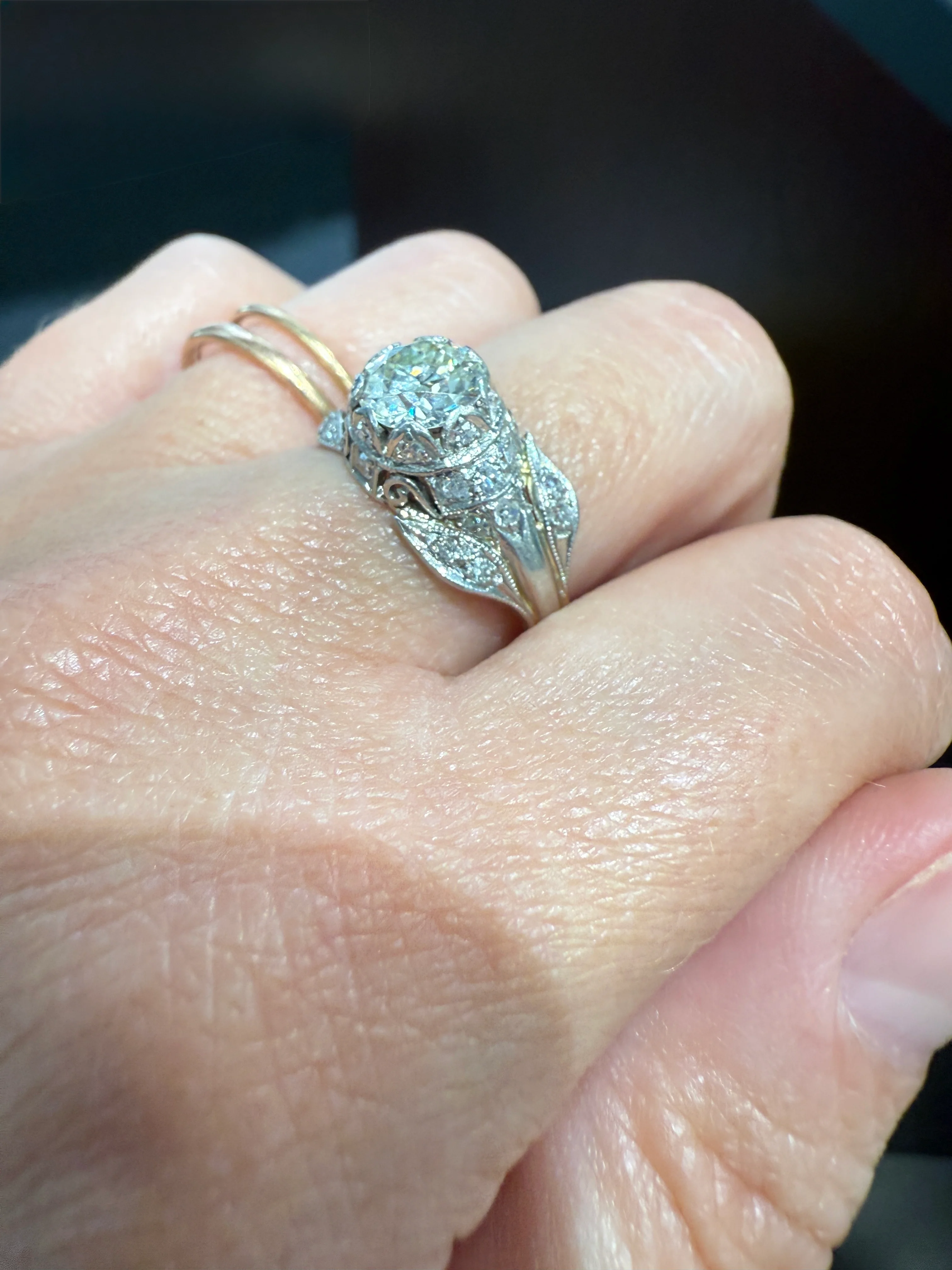 PLATINUM 1.7Ctw Art Deco Eye CLEAN Old European Cut Diamond Solitaire Engagement Ring w/ Wedding Set Wrap Encrusted Leaf Prong Antique c1928 - Image 34