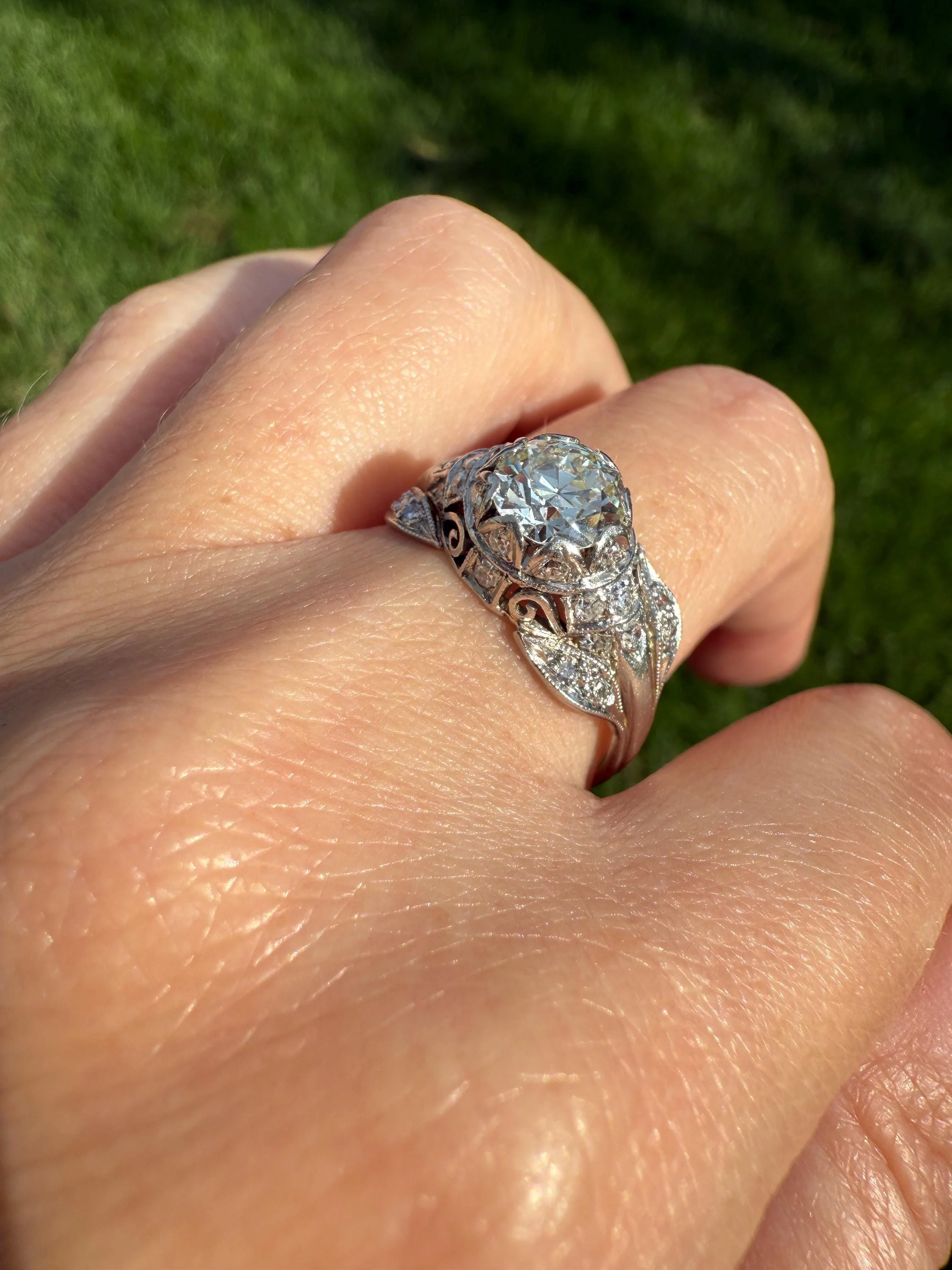 PLATINUM 1.7Ctw Art Deco Eye CLEAN Old European Cut Diamond Solitaire Engagement Ring w/ Wedding Set Wrap Encrusted Leaf Prong Antique c1928 - Image 4