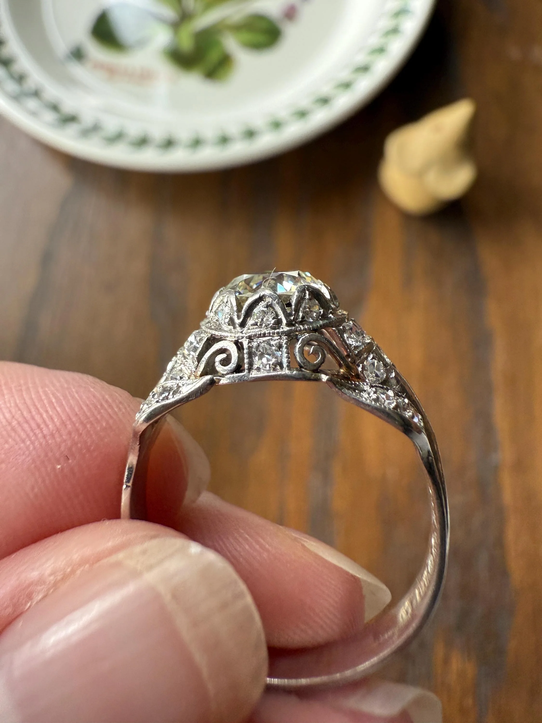 PLATINUM 1.7Ctw Art Deco Eye CLEAN Old European Cut Diamond Solitaire Engagement Ring w/ Wedding Set Wrap Encrusted Leaf Prong Antique c1928 - Image 6