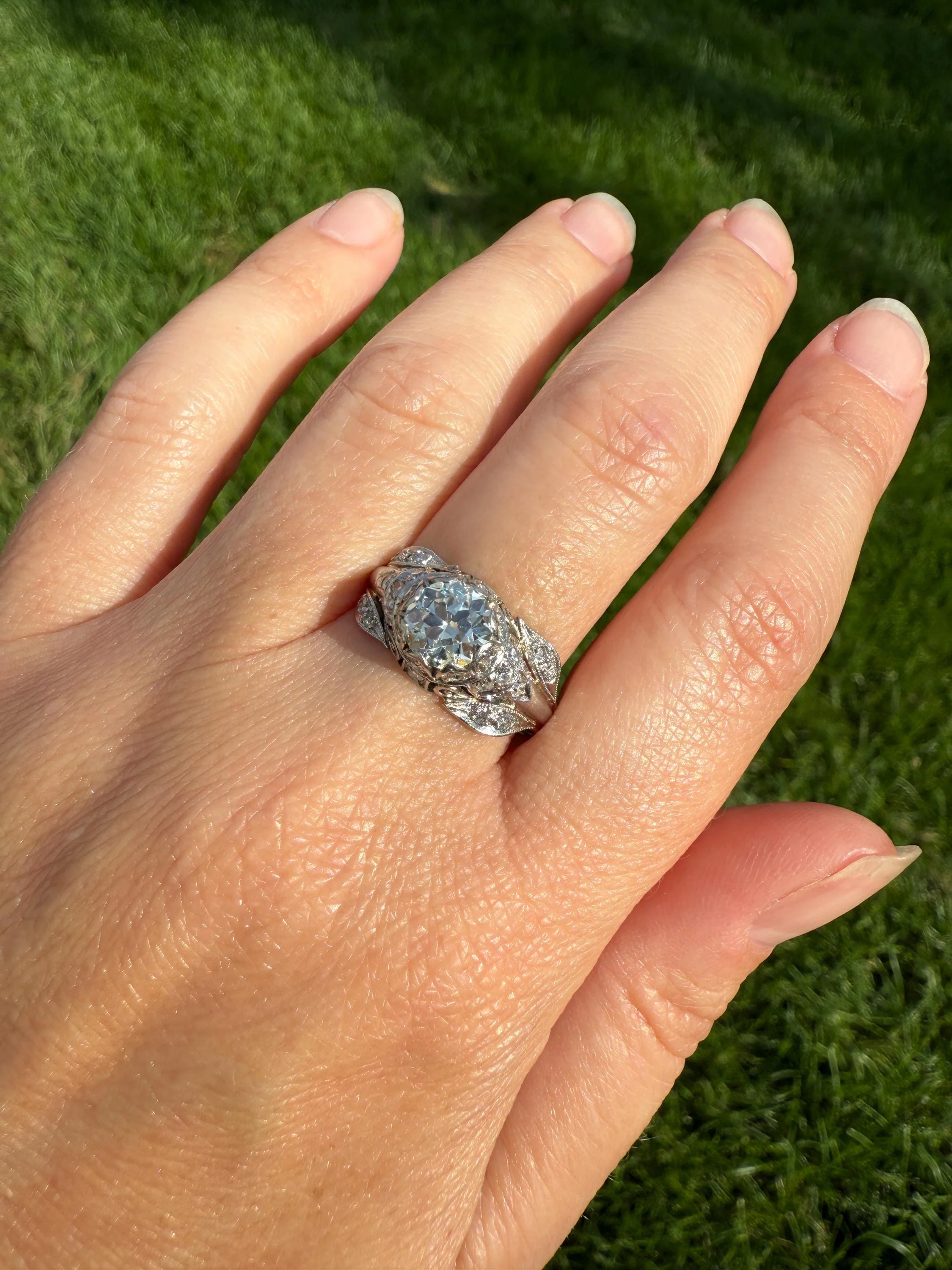 PLATINUM 1.7Ctw Art Deco Eye CLEAN Old European Cut Diamond Solitaire Engagement Ring w/ Wedding Set Wrap Encrusted Leaf Prong Antique c1928 - Image 7