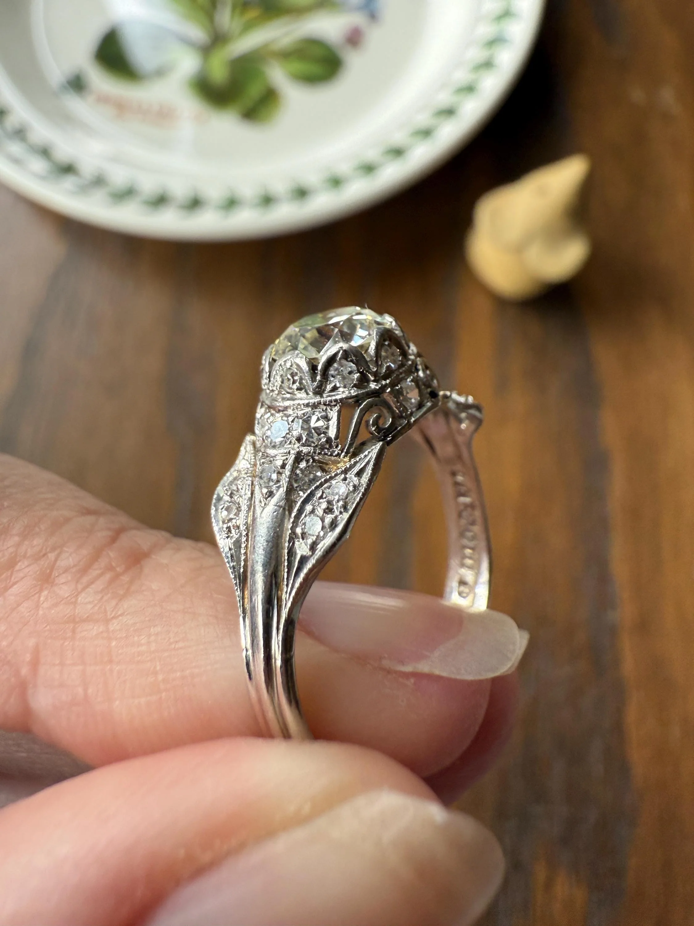 PLATINUM 1.7Ctw Art Deco Eye CLEAN Old European Cut Diamond Solitaire Engagement Ring w/ Wedding Set Wrap Encrusted Leaf Prong Antique c1928 - Image 9