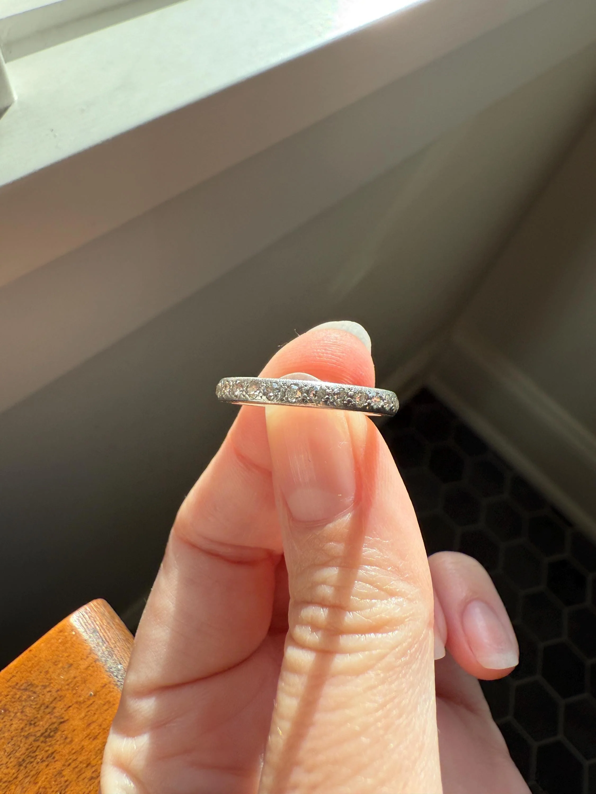PLATINUM Edwardian Antique 28 Old Mine Single Cut DIAMOND Full Eternity Band Ring Romantic Gift Wedding Stacker Engraved Edge - Image 2