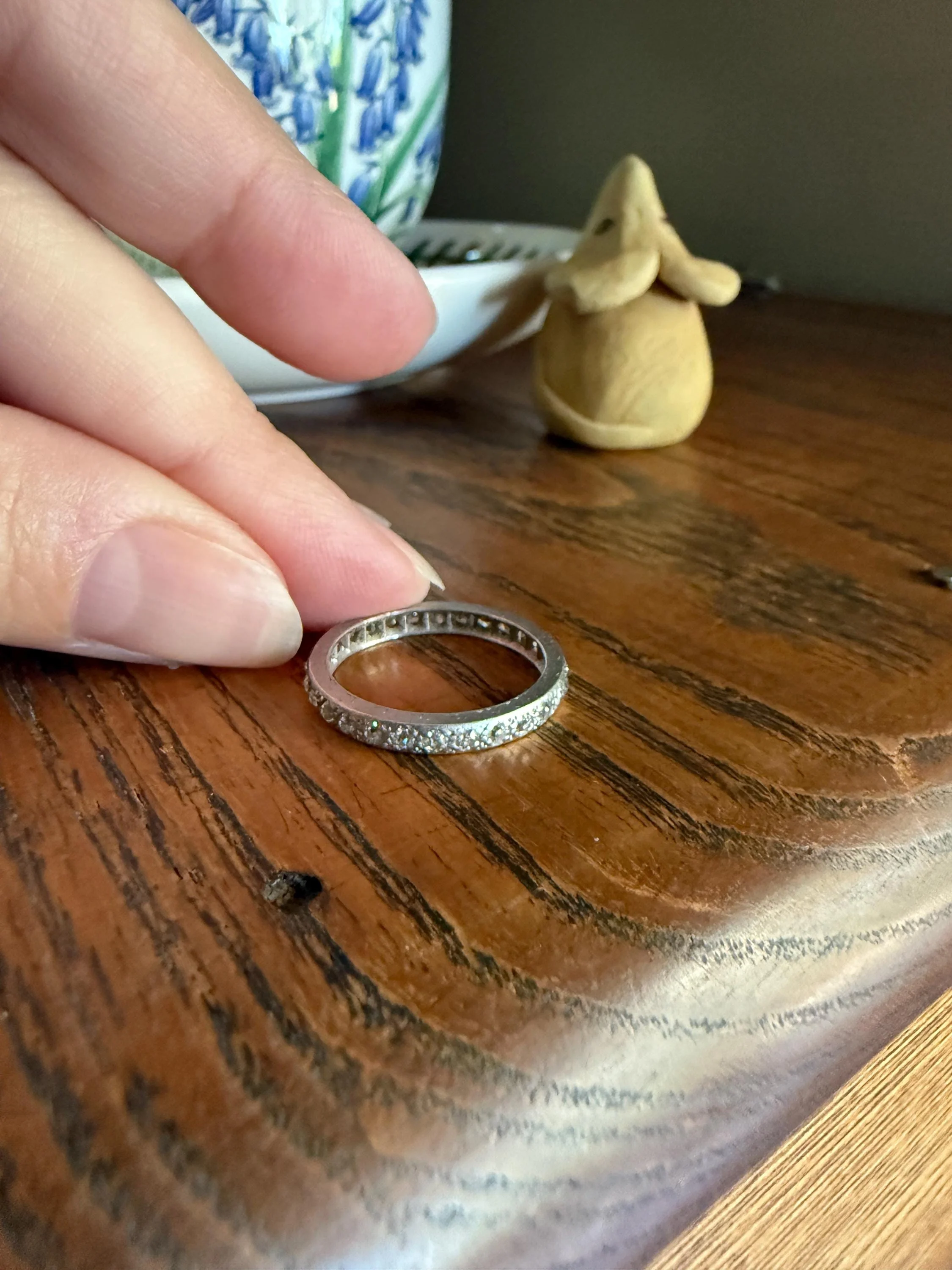 PLATINUM Edwardian Antique 28 Old Mine Single Cut DIAMOND Full Eternity Band Ring Romantic Gift Wedding Stacker Engraved Edge - Image 4