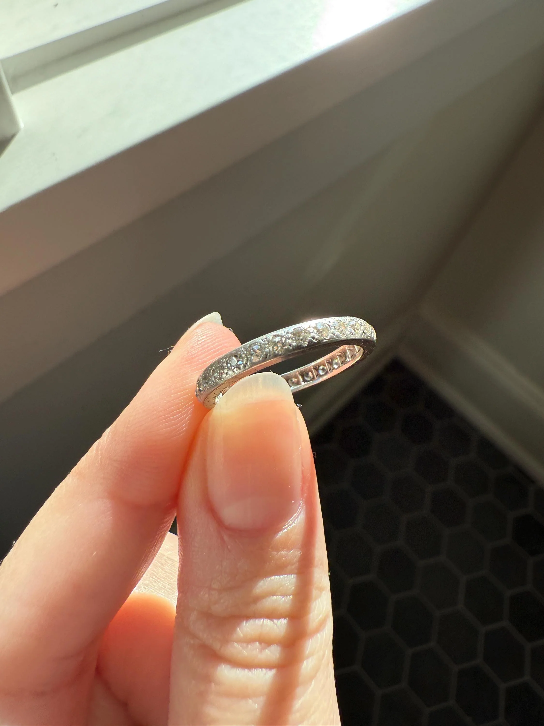 PLATINUM Edwardian Antique 28 Old Mine Single Cut DIAMOND Full Eternity Band Ring Romantic Gift Wedding Stacker Engraved Edge - Image 5