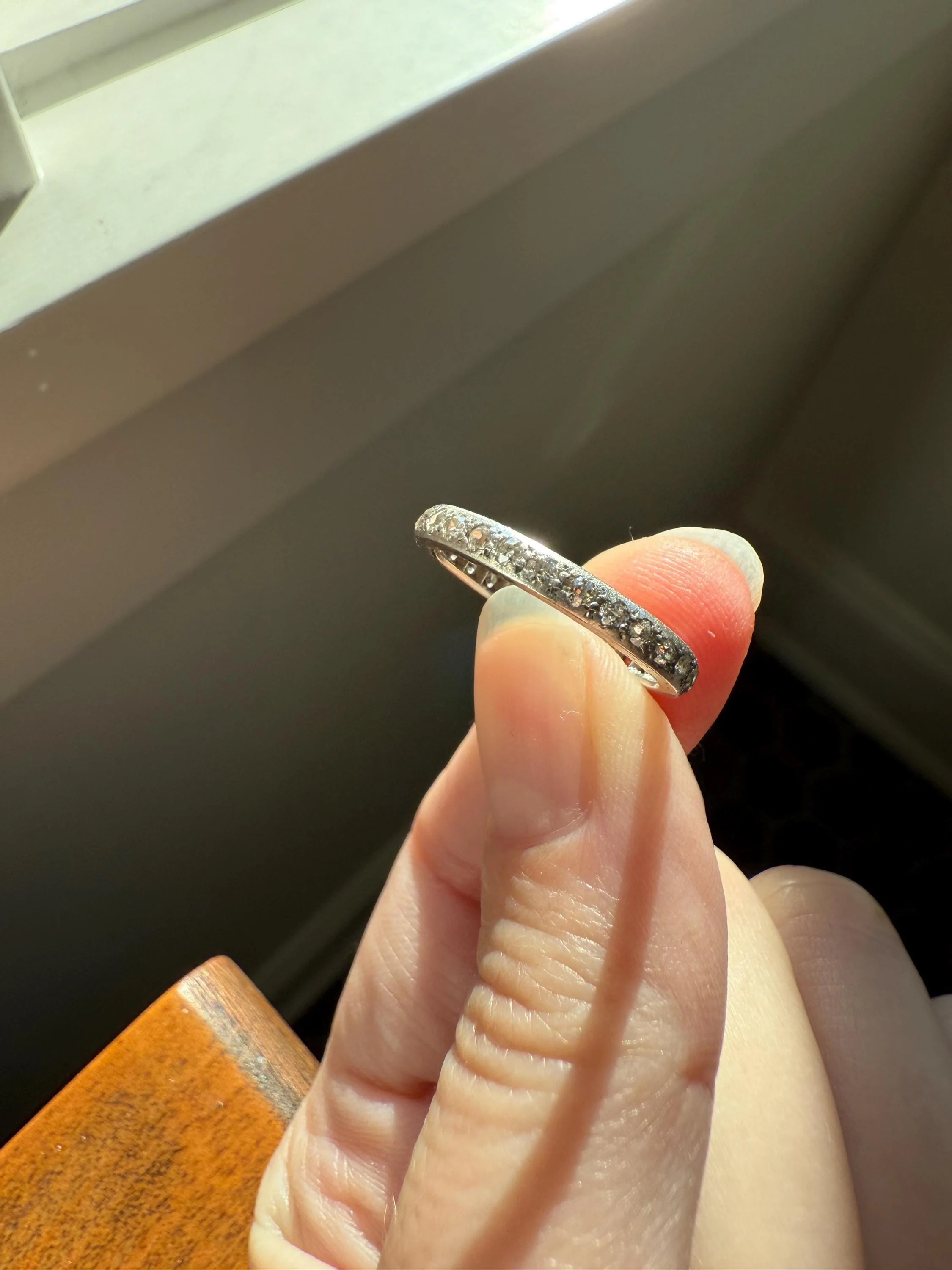 PLATINUM Edwardian Antique 28 Old Mine Single Cut DIAMOND Full Eternity Band Ring Romantic Gift Wedding Stacker Engraved Edge - Image 6