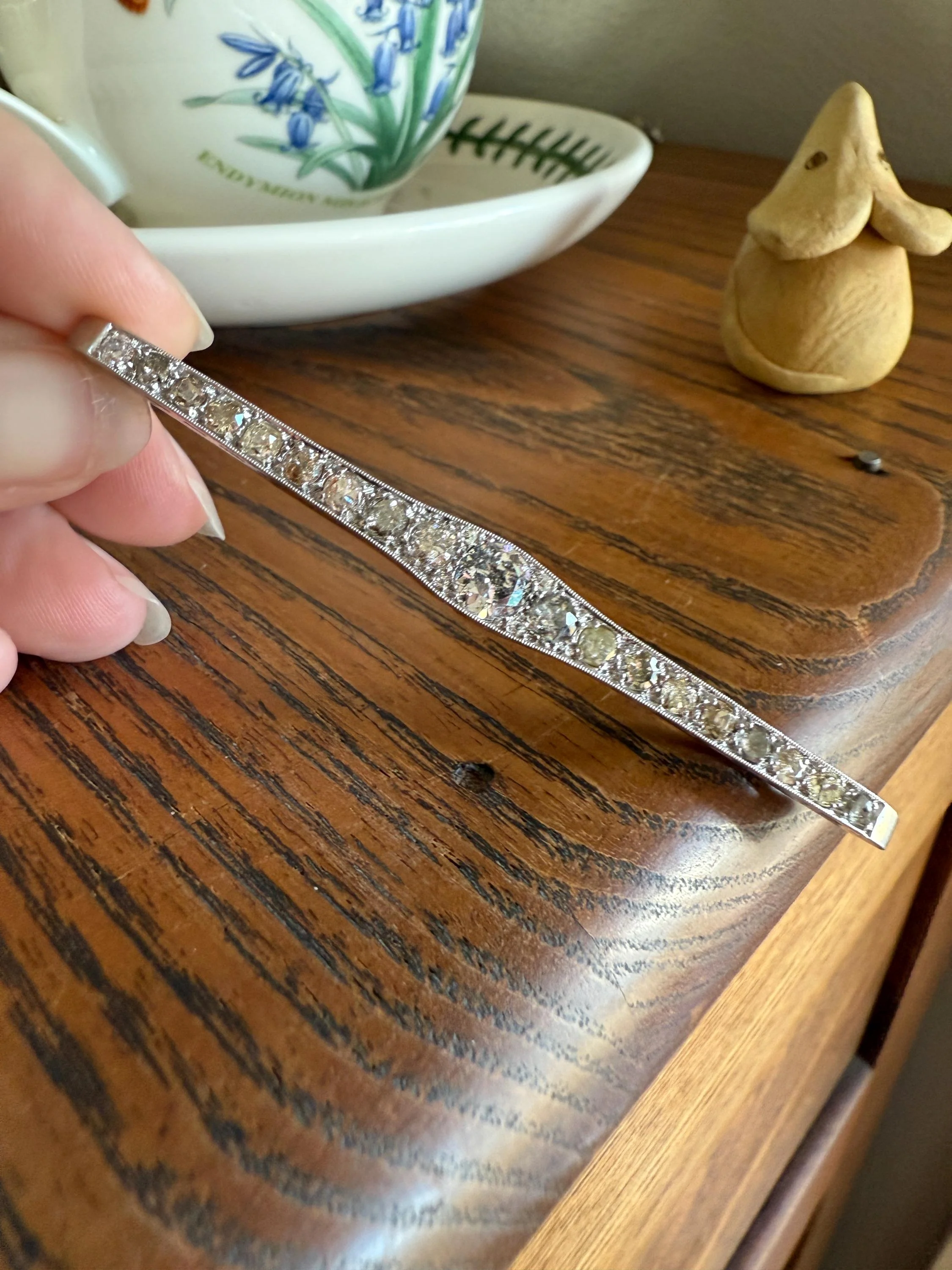 RAINBOW Rare Antique 3.5 Carats Old Mine Cut Natural DIAMOND Pink Yellow Green Bar Brooch 18k Gold Platinum Extender Connector Pendant Conv. - Image 10