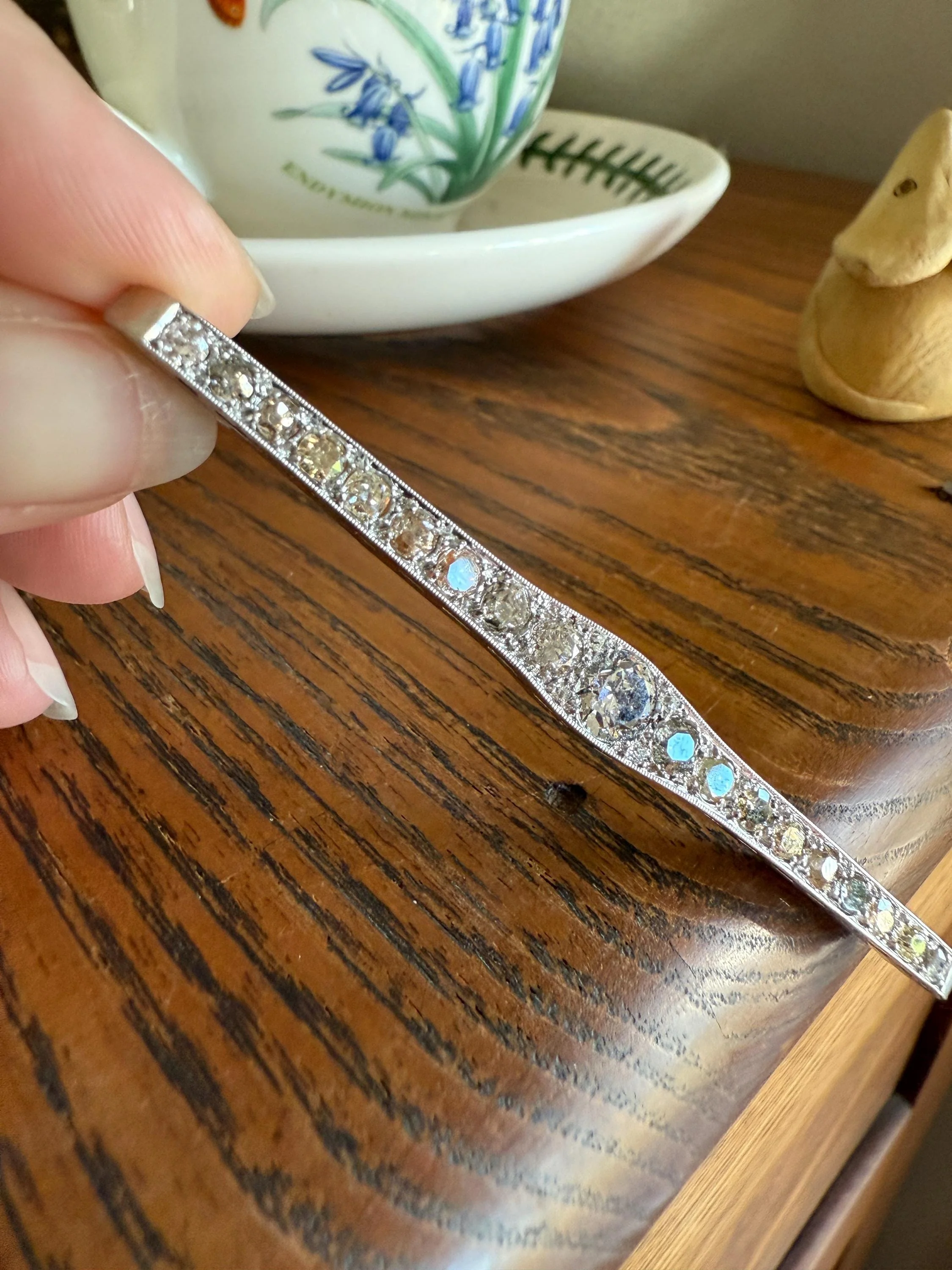 RAINBOW Rare Antique 3.5 Carats Old Mine Cut Natural DIAMOND Pink Yellow Green Bar Brooch 18k Gold Platinum Extender Connector Pendant Conv. - Image 12