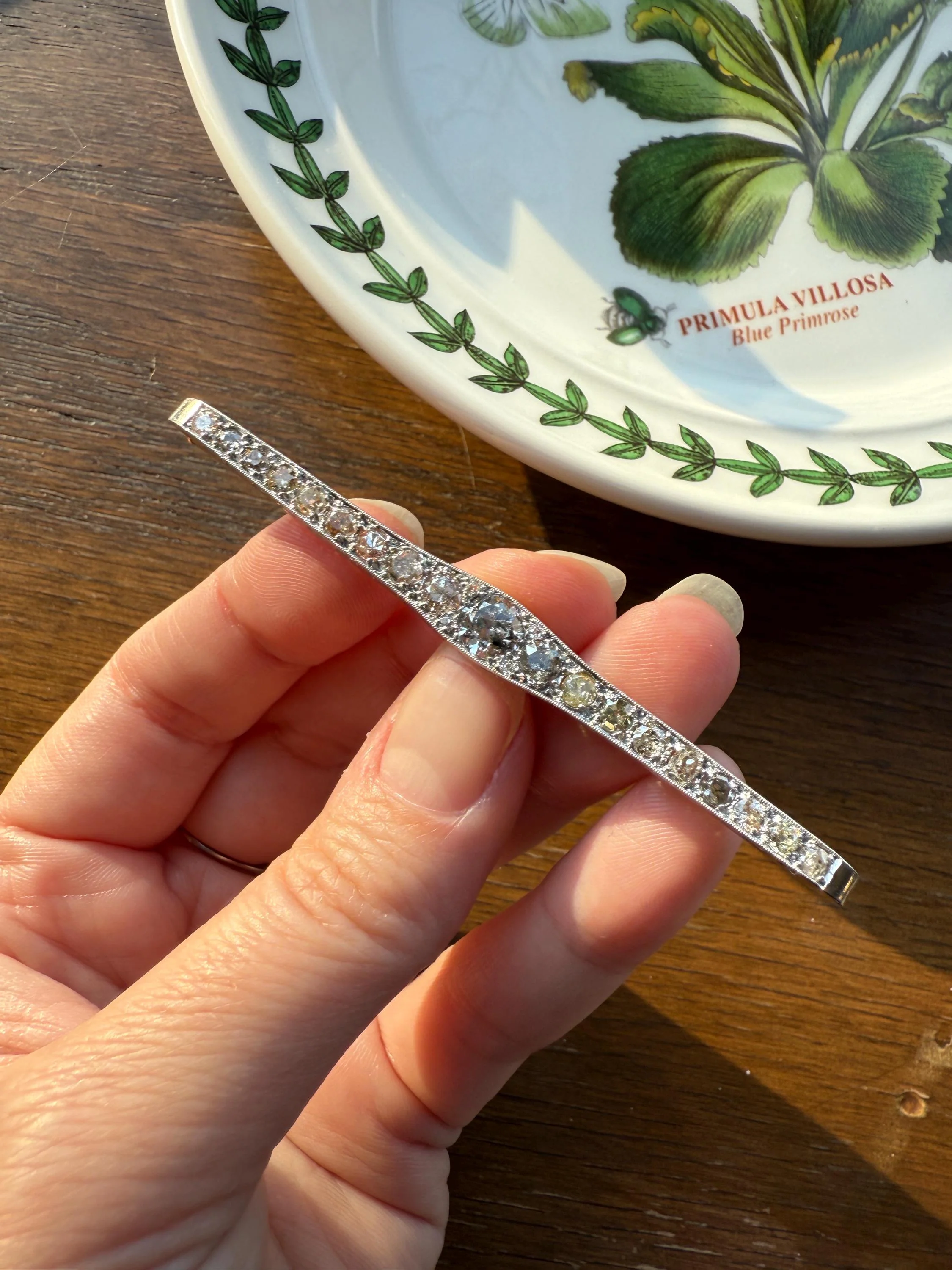 RAINBOW Rare Antique 3.5 Carats Old Mine Cut Natural DIAMOND Pink Yellow Green Bar Brooch 18k Gold Platinum Extender Connector Pendant Conv. - Image 13
