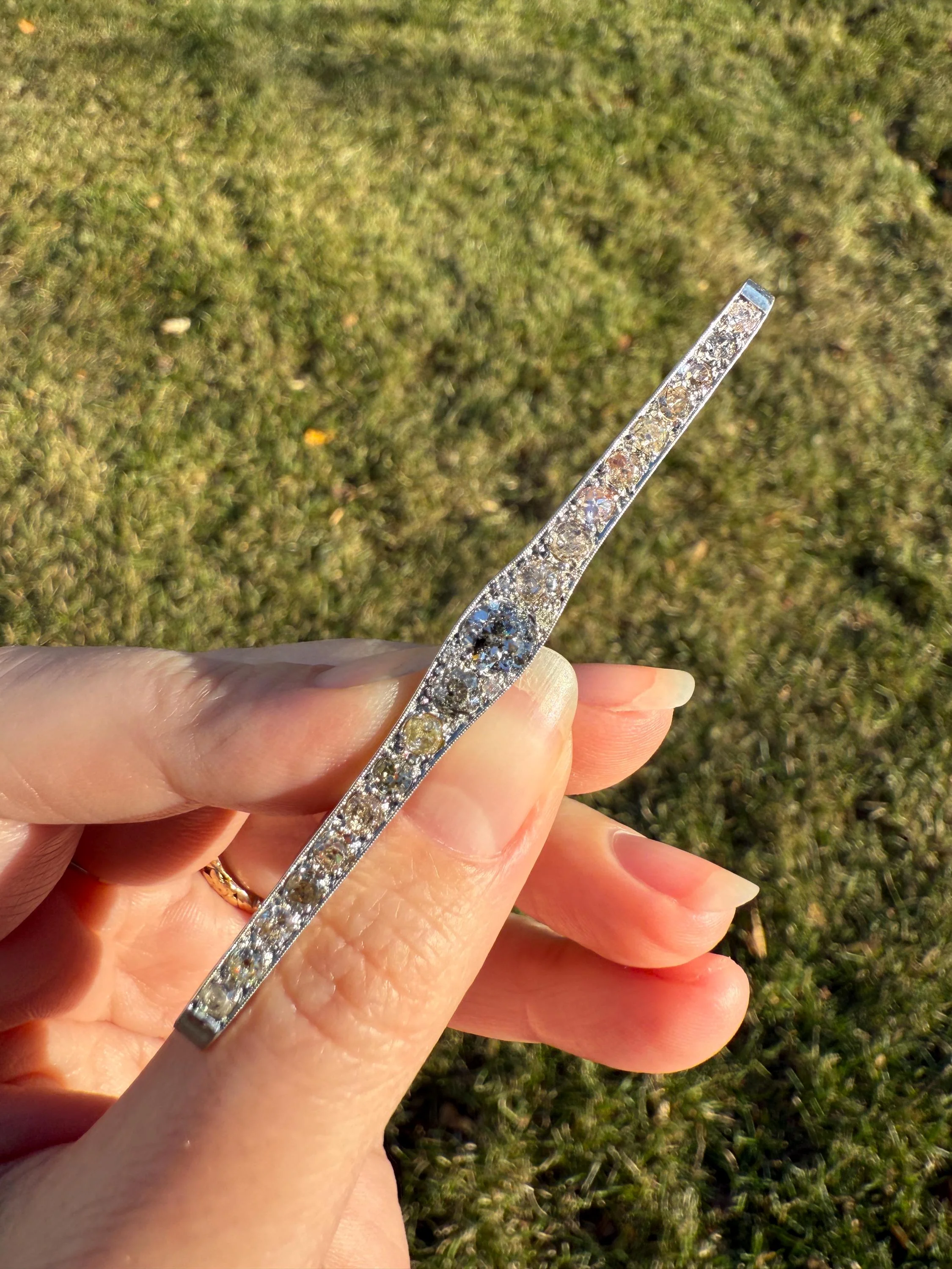 RAINBOW Rare Antique 3.5 Carats Old Mine Cut Natural DIAMOND Pink Yellow Green Bar Brooch 18k Gold Platinum Extender Connector Pendant Conv. - Image 14