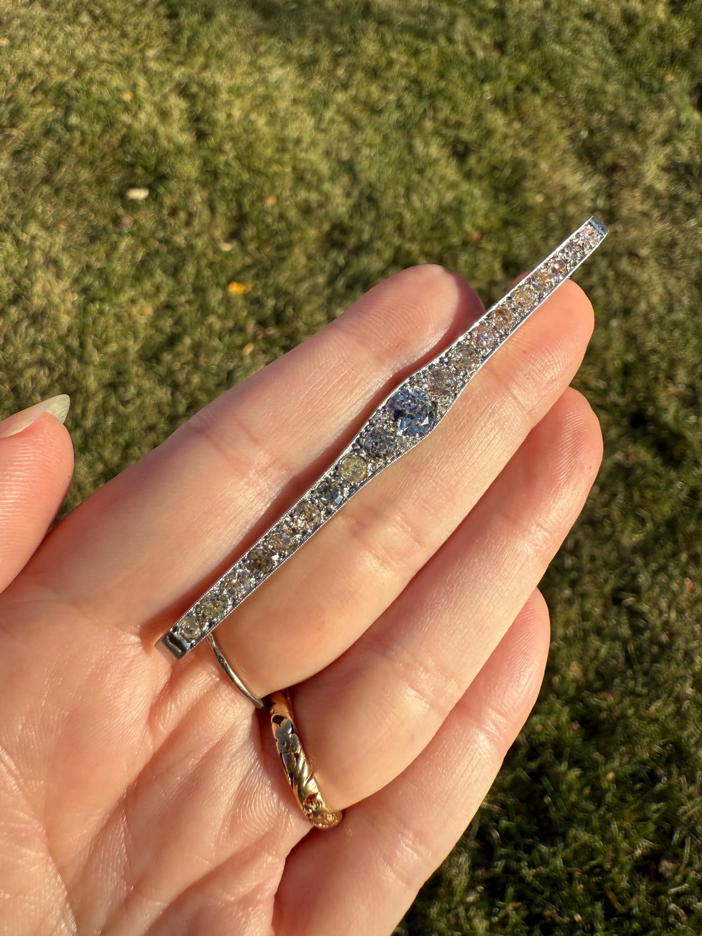 RAINBOW Rare Antique 3.5 Carats Old Mine Cut Natural DIAMOND Pink Yellow Green Bar Brooch 18k Gold Platinum Extender Connector Pendant Conv. - Image 15