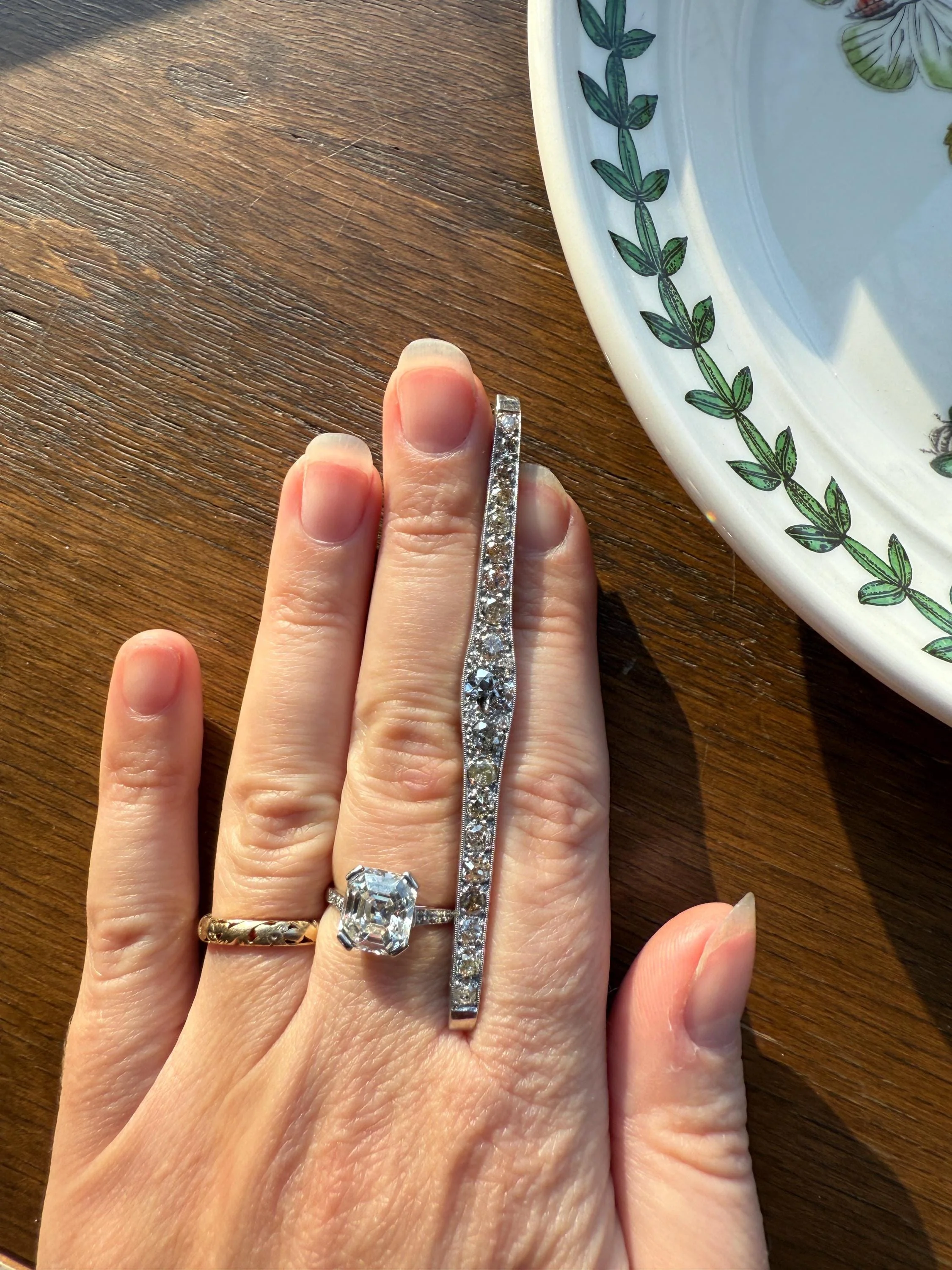 RAINBOW Rare Antique 3.5 Carats Old Mine Cut Natural DIAMOND Pink Yellow Green Bar Brooch 18k Gold Platinum Extender Connector Pendant Conv. - Image 16