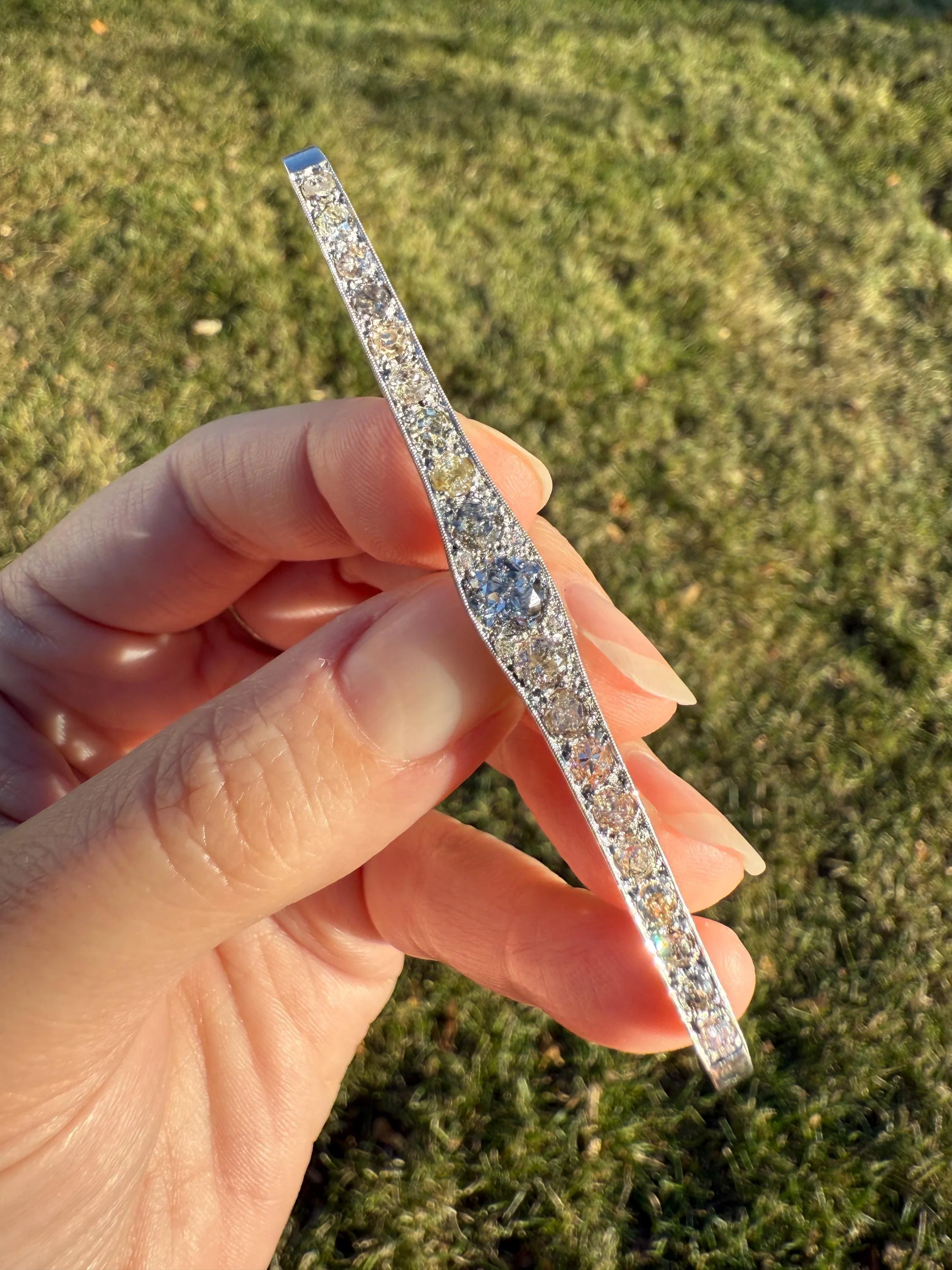 RAINBOW Rare Antique 3.5 Carats Old Mine Cut Natural DIAMOND Pink Yellow Green Bar Brooch 18k Gold Platinum Extender Connector Pendant Conv. - Image 17